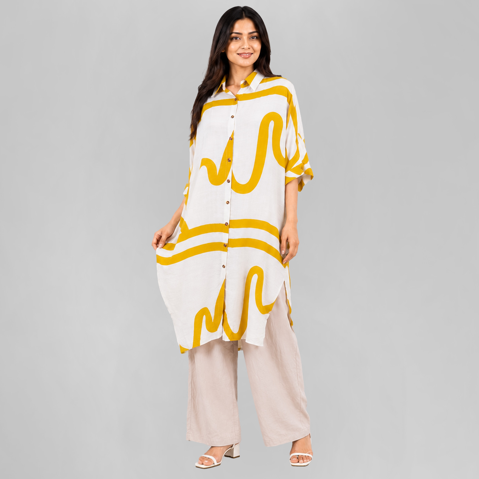 White & Mustard Abstract Summer Tunic for Women