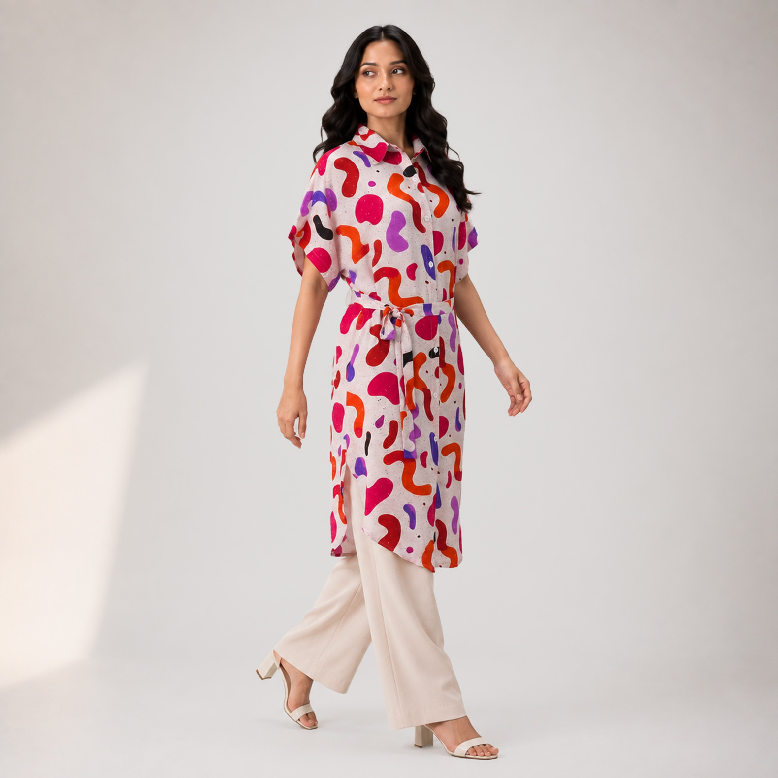Vibrant Abstract Print Belted Shirt Dress