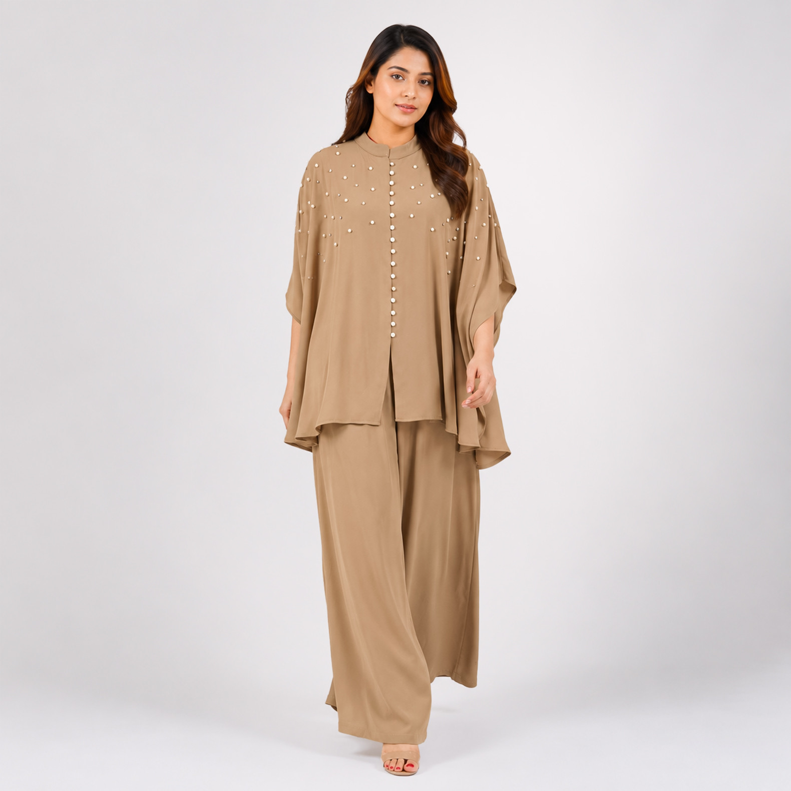 Premium Taupe Embellished Cape Style Co-Ord Set