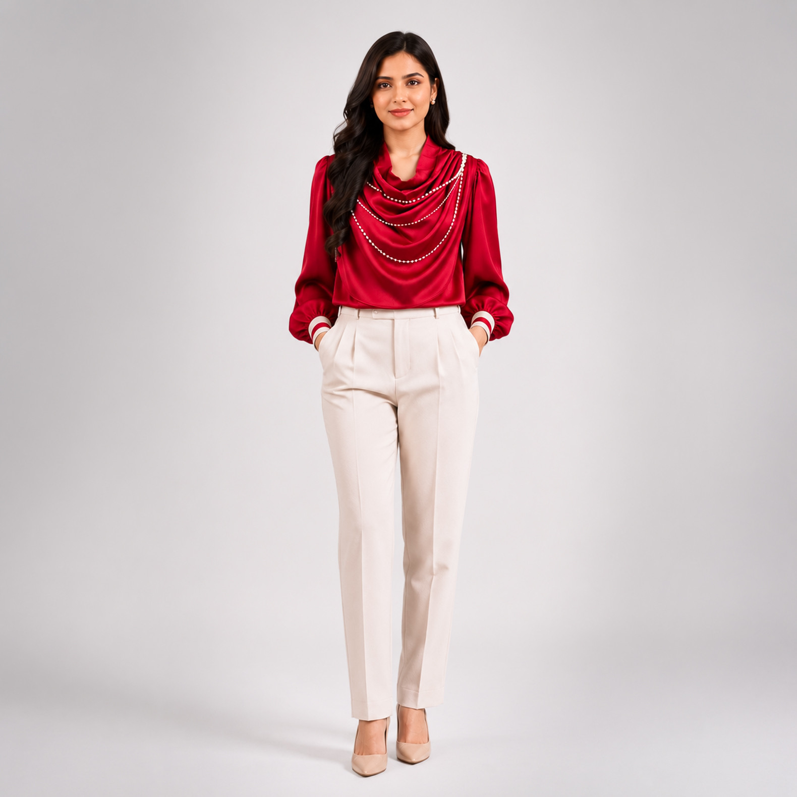 Red Satin Draped Neck Top