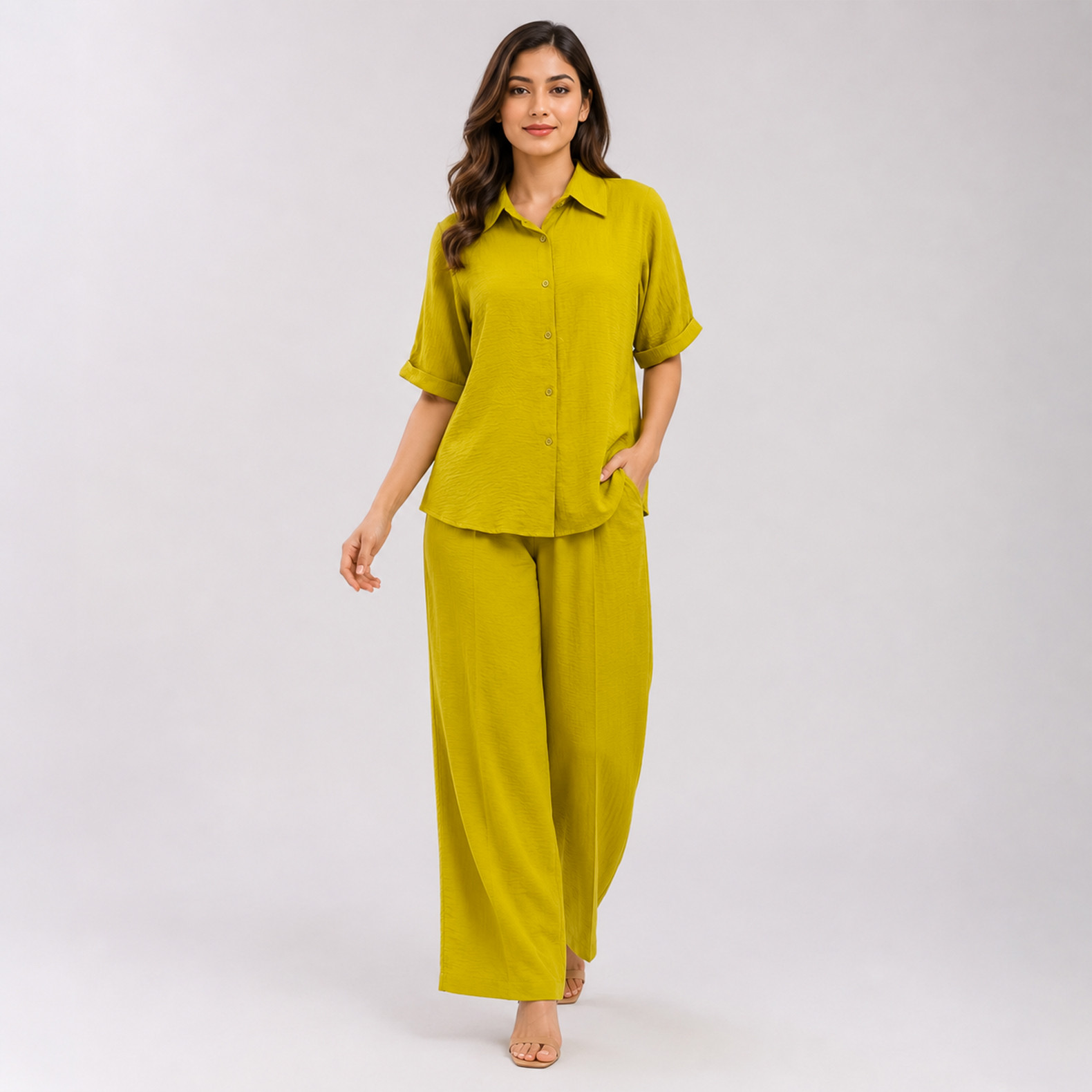 Mustard Yellow Shirt & Wide-Leg Pants Co-Ord Set | Stylish Two-Piece Outfit