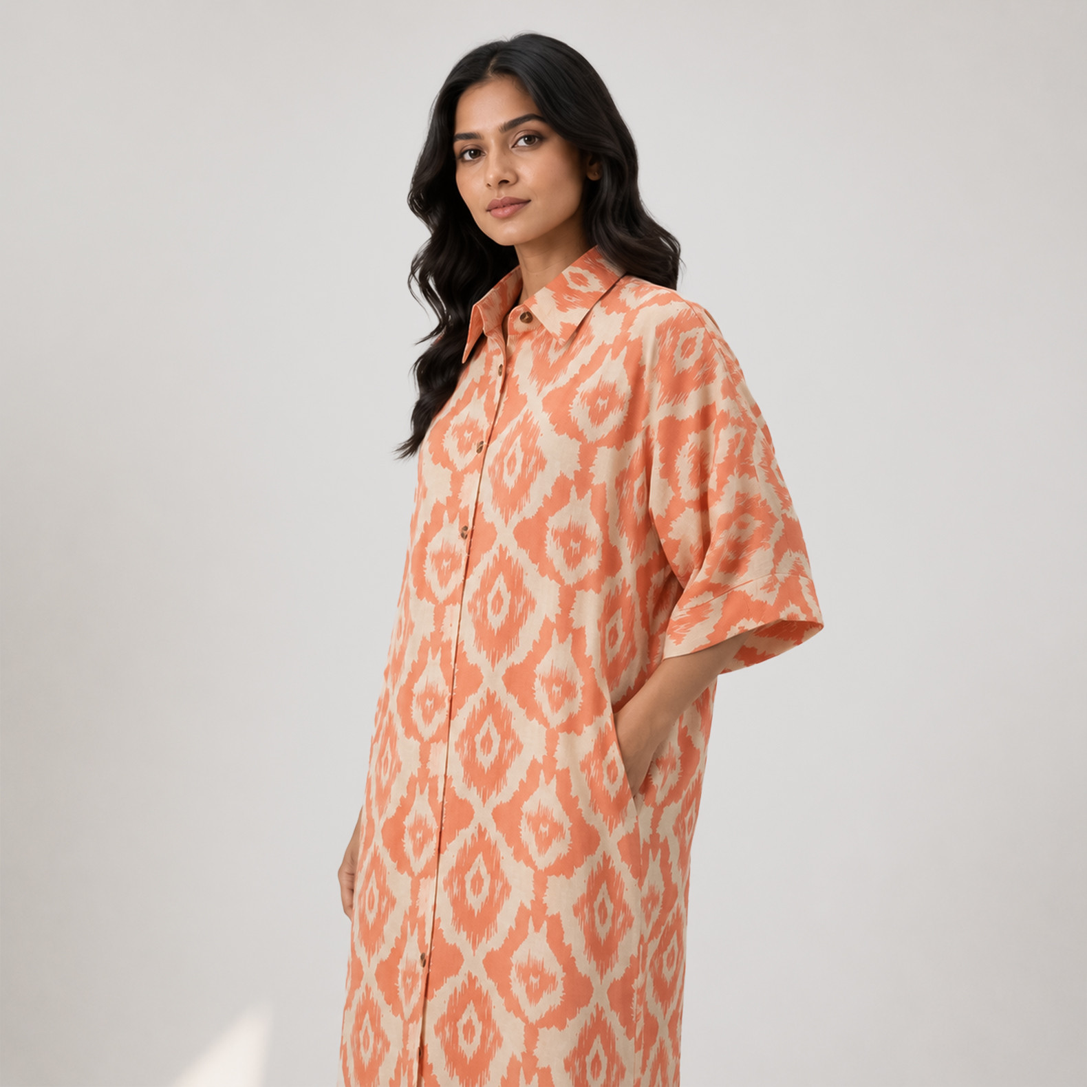 Peach Ikat Print Long Tunic for Women