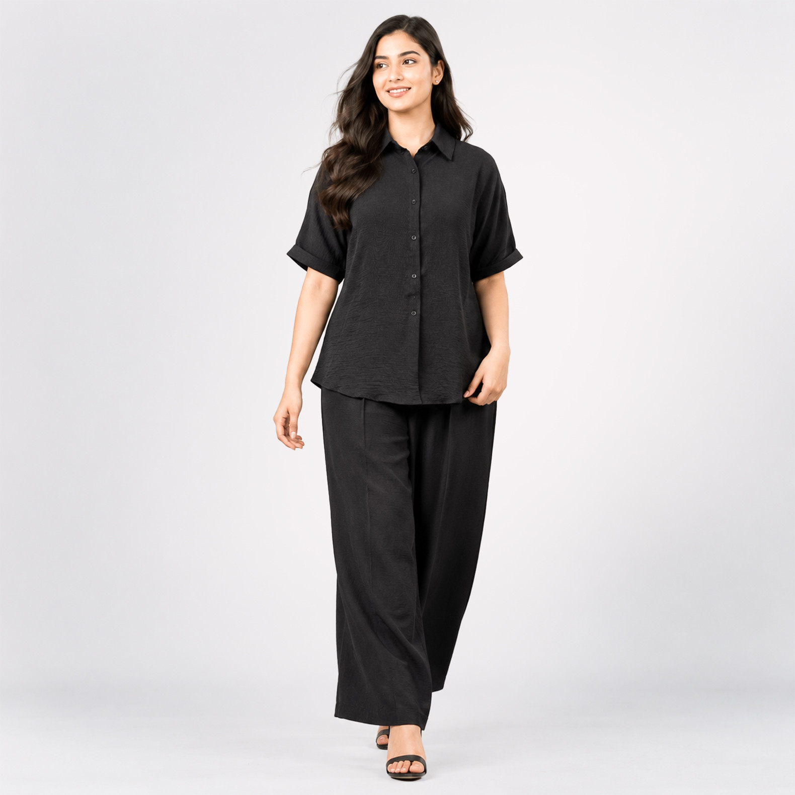 Black Shirt & Wide-Leg Pants Co-Ord Set