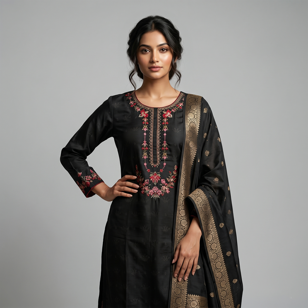 Premium Royal Black Festive Three-Piece Set with Golden Zari Dupatta