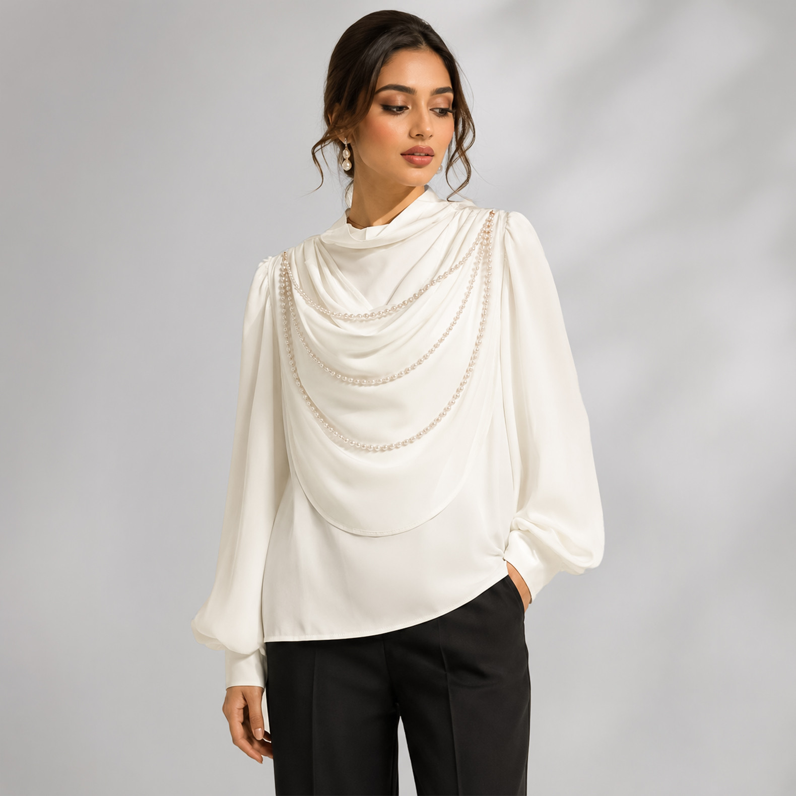 White Satin Draped Neck Top