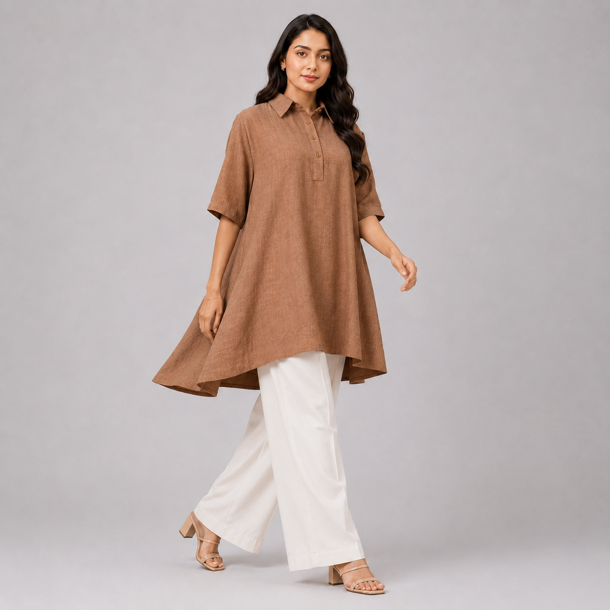 Sand Beige Solid High-Low Tunic