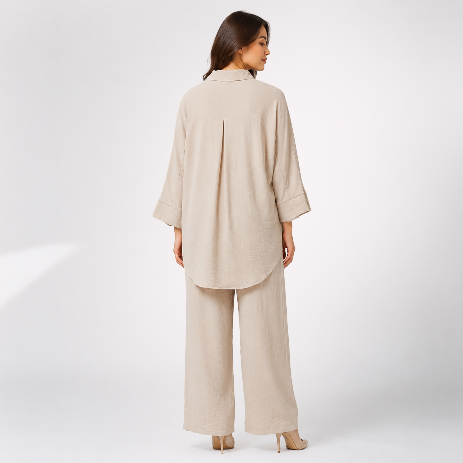 Beige Shirt & Wide-Leg Pants Co-Ord Set