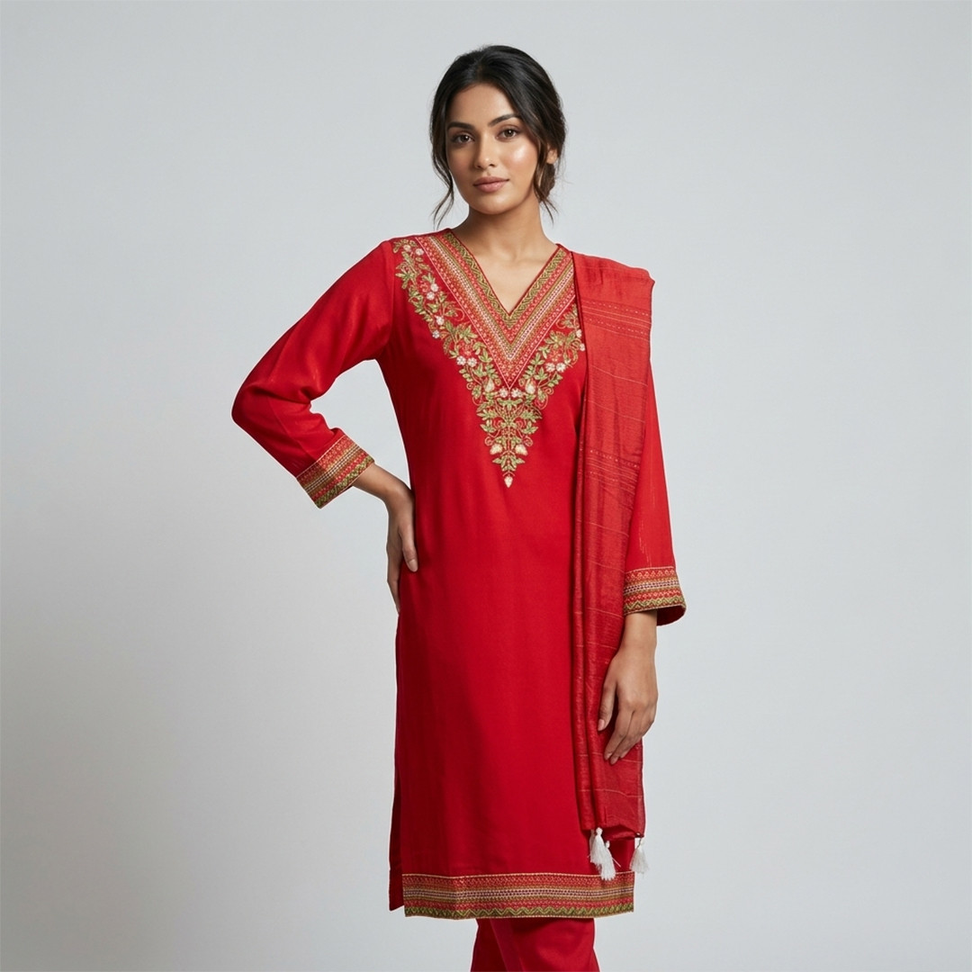 Elegant Red Embroidered 3-Piece