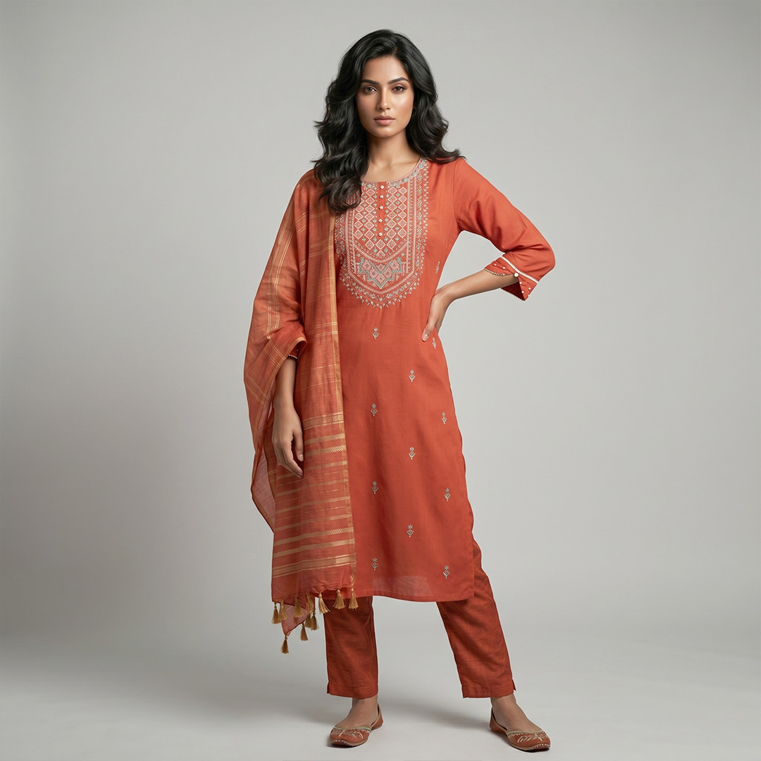 Cotton Silk 3-Piece Salwar Kameez - Rust Orange
