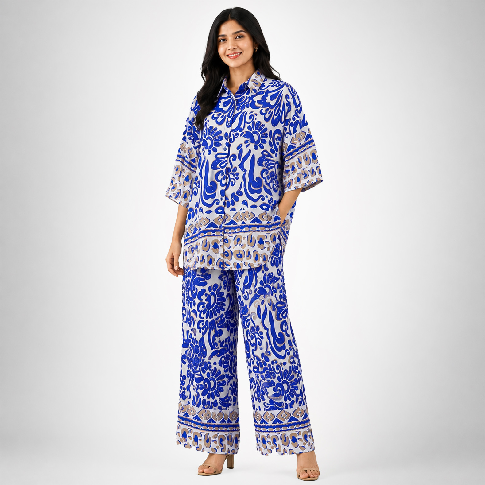 Women's Blue & Beige Printed Co-Ord Set