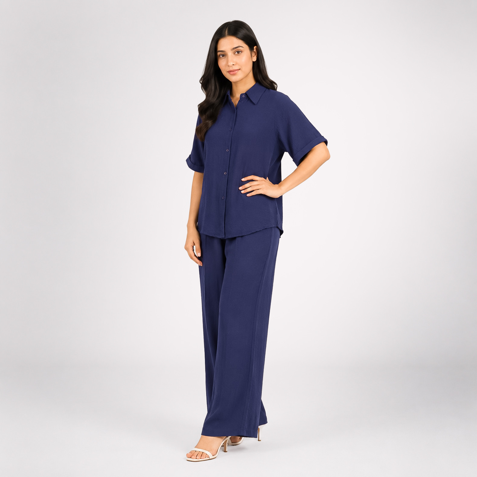 Women’s Navy Blue Shirt & Wide-Leg Pants Co-Ord Set