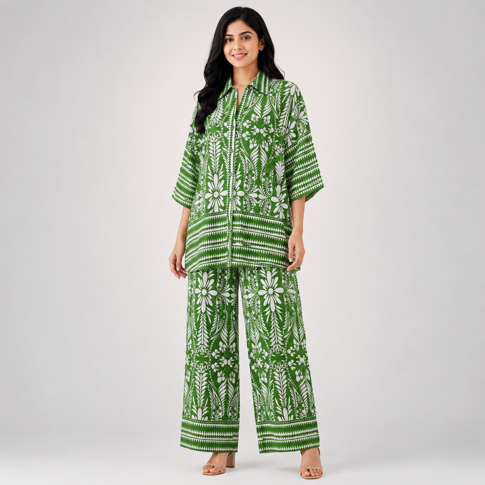 Women's Green & White Printed Co-Ord Set