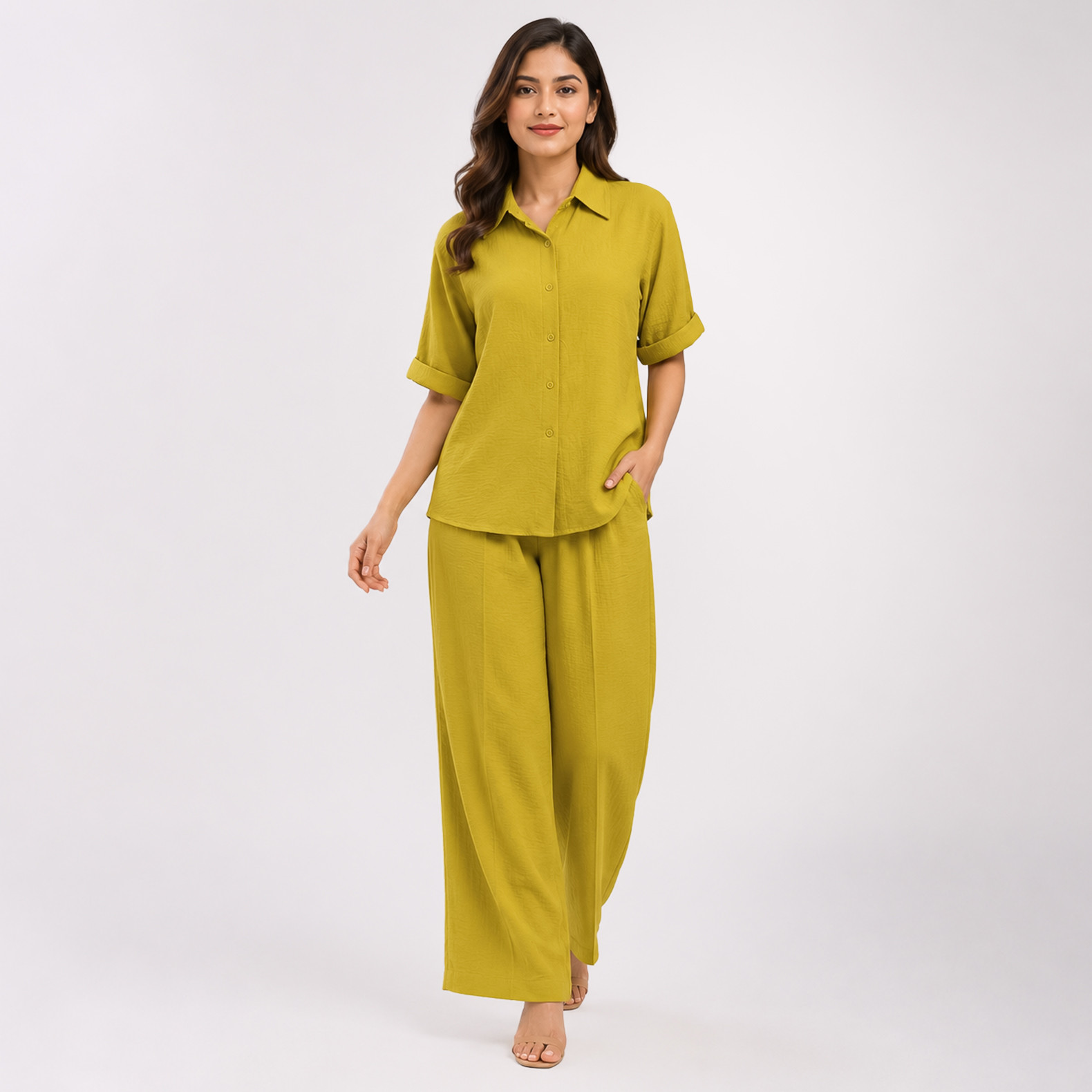 Mustard Yellow Shirt & Wide-Leg Pants Co-Ord Set | Stylish Two-Piece Outfit