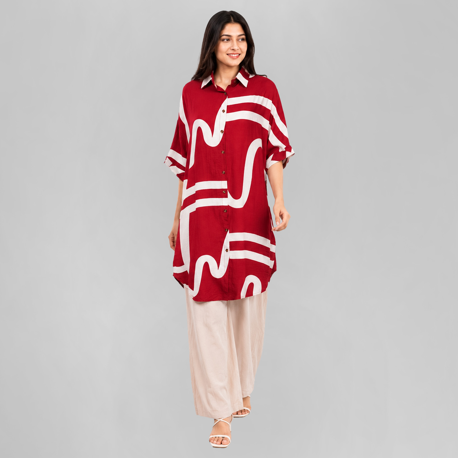 Red Abstract Print Long Tunic for Women