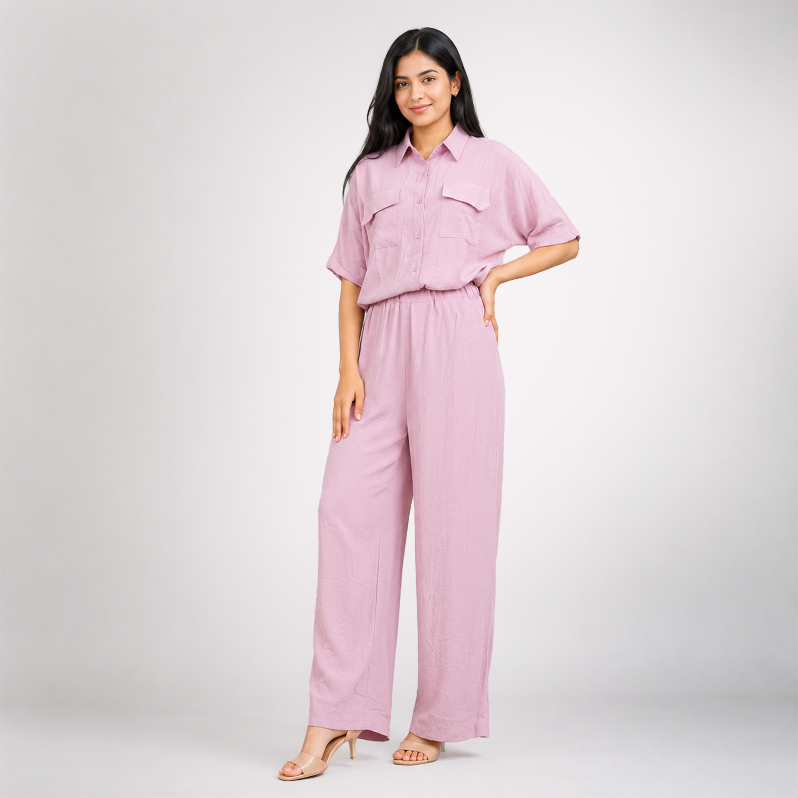 Women’s Soft Pink Casual Top & Wide-Leg Pants Co-Ord Set