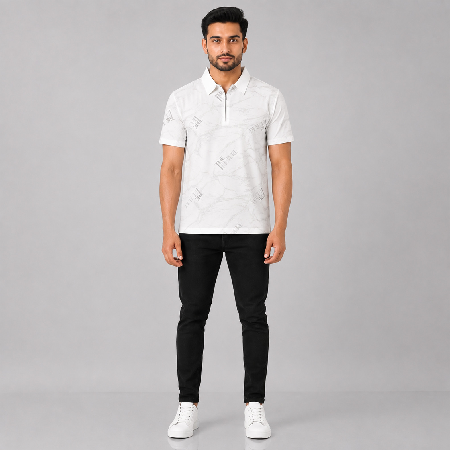 White Graphic Zip-Neck Men's Polo