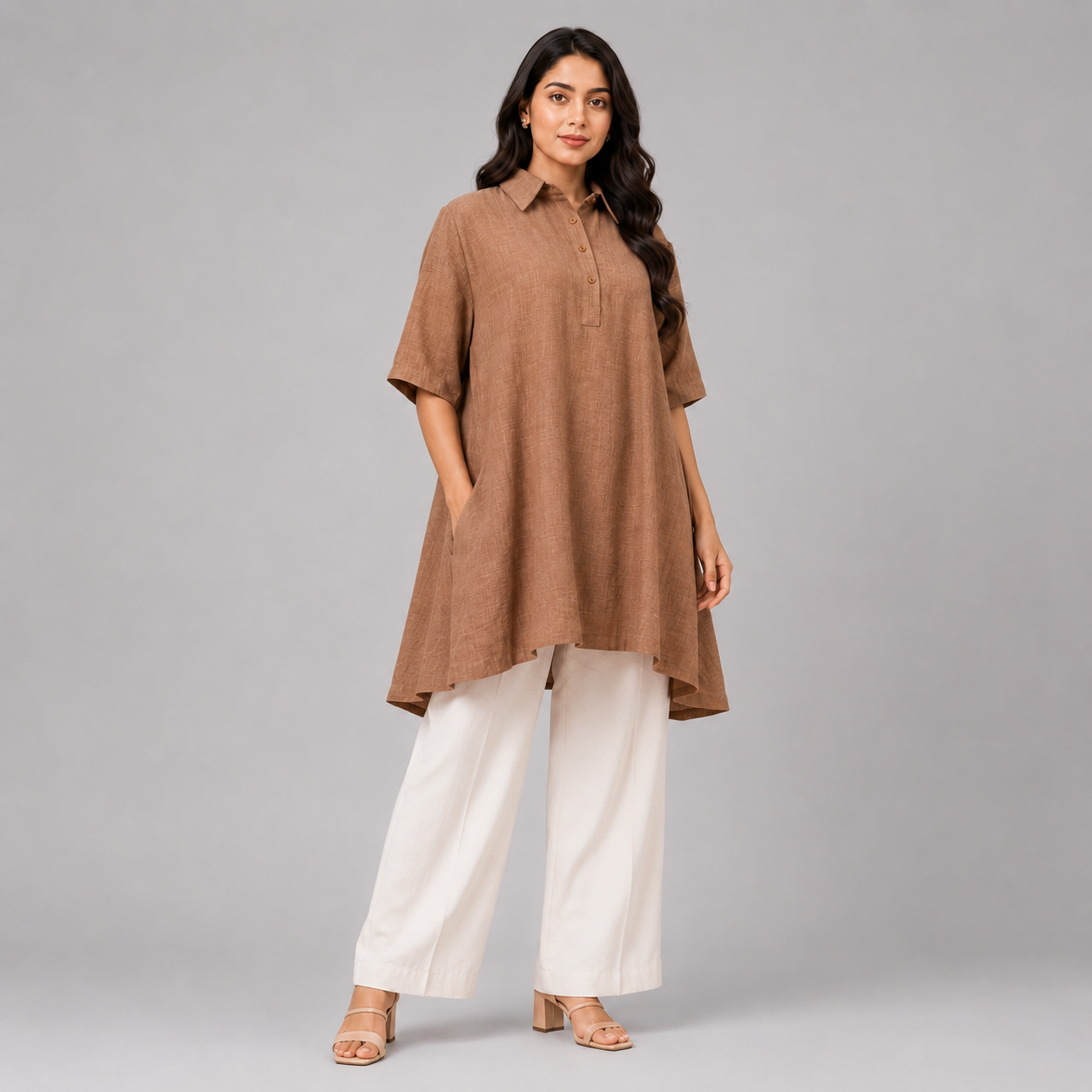 Sand Beige Solid High-Low Tunic