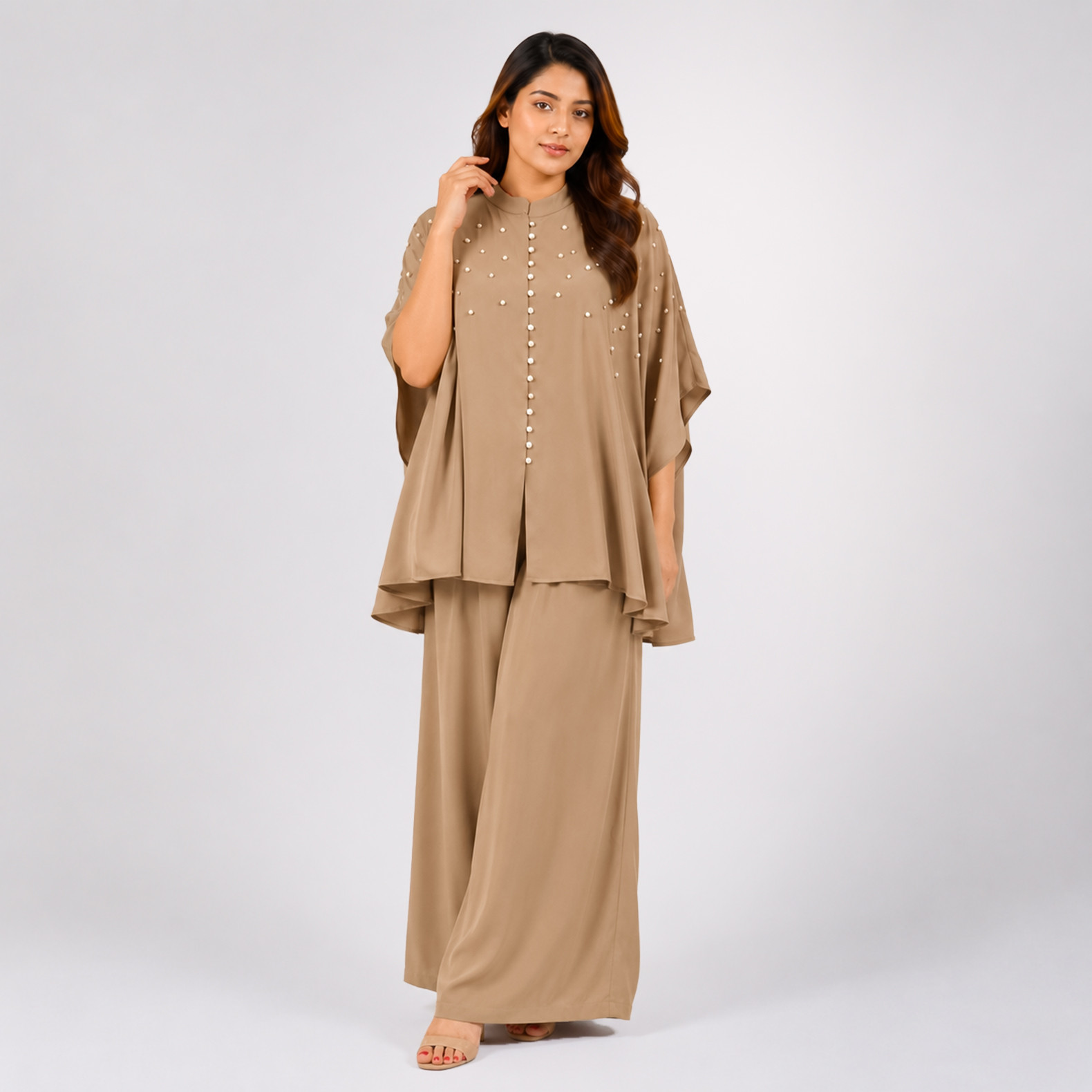 Premium Taupe Embellished Cape Style Co-Ord Set
