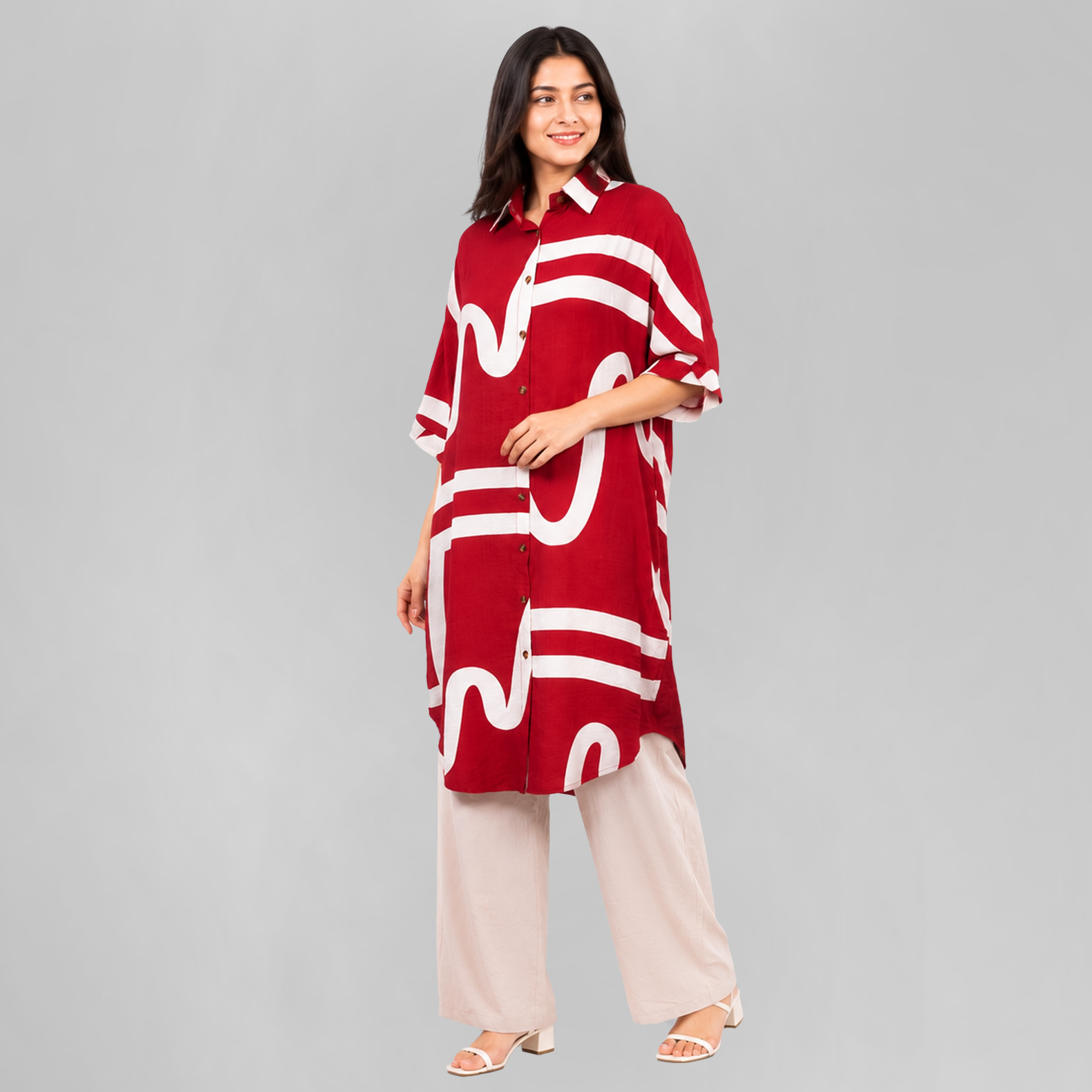 Red Abstract Print Long Tunic for Women