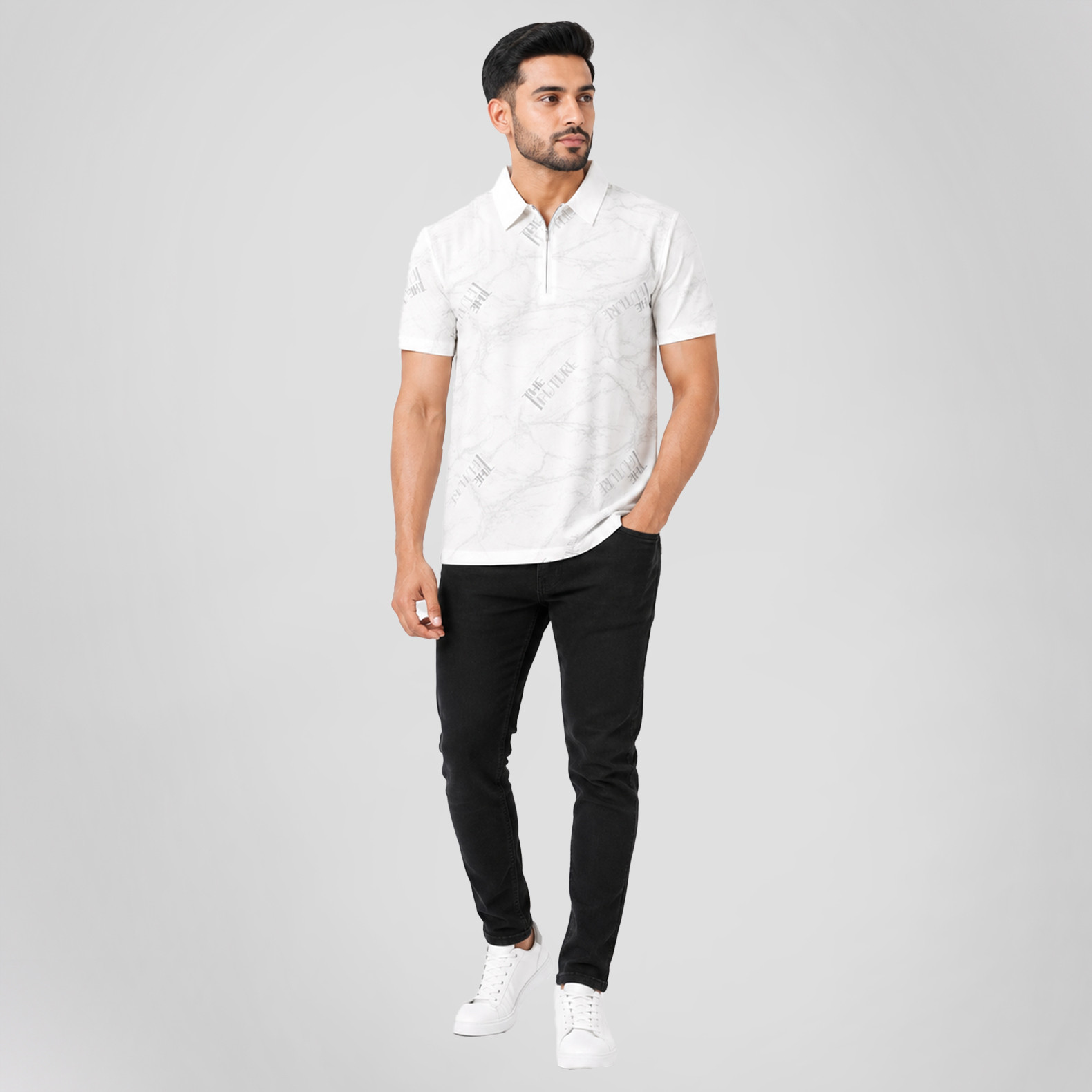 White Graphic Zip-Neck Men's Polo