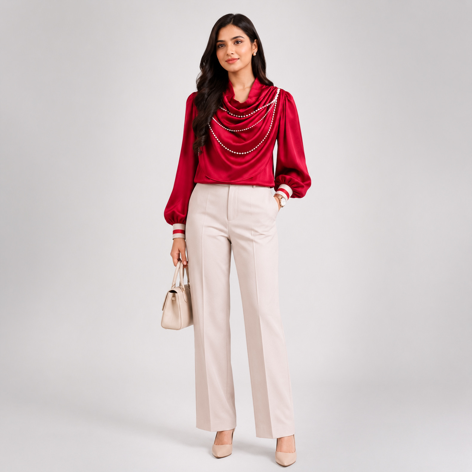 Red Satin Draped Neck Top