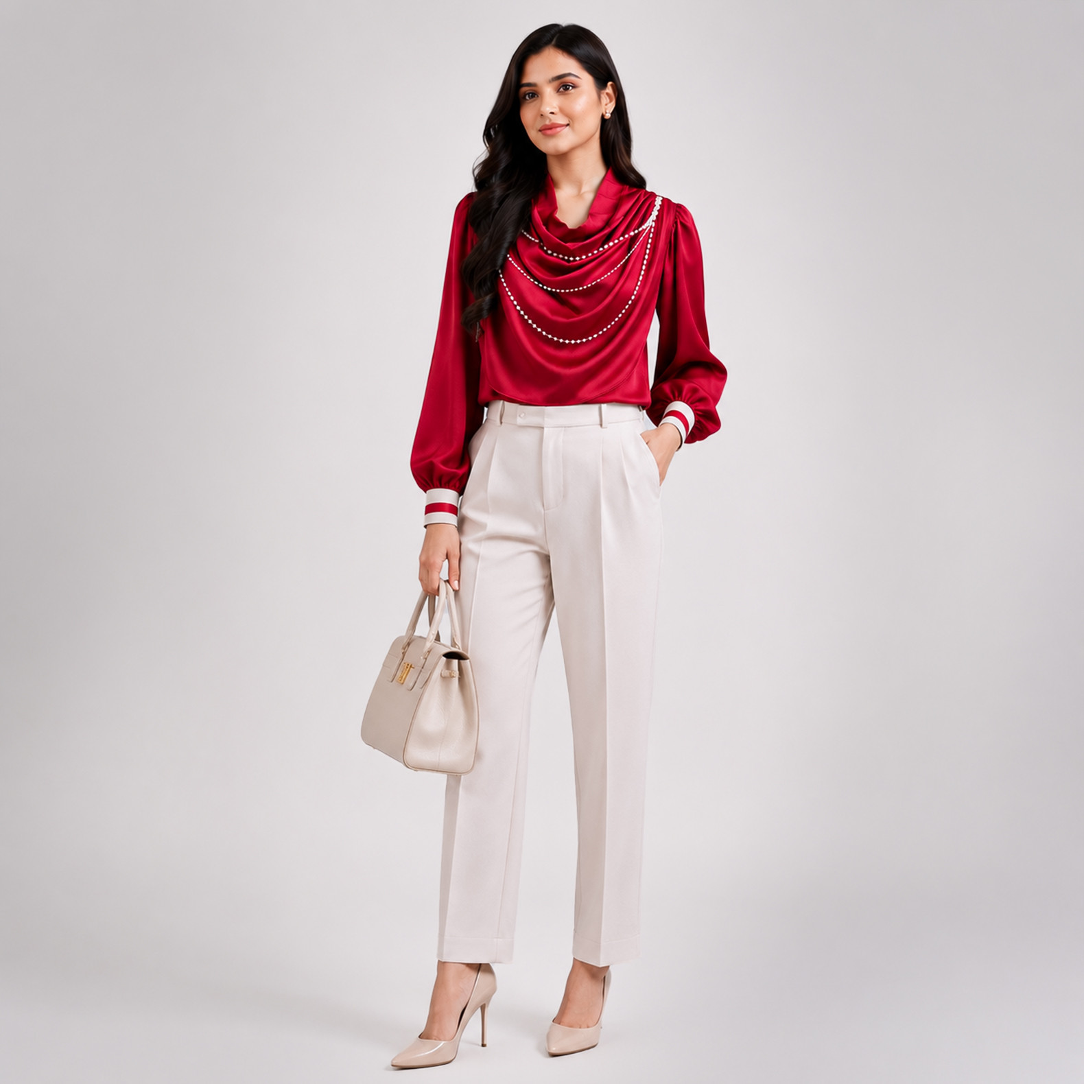 Red Satin Draped Neck Top