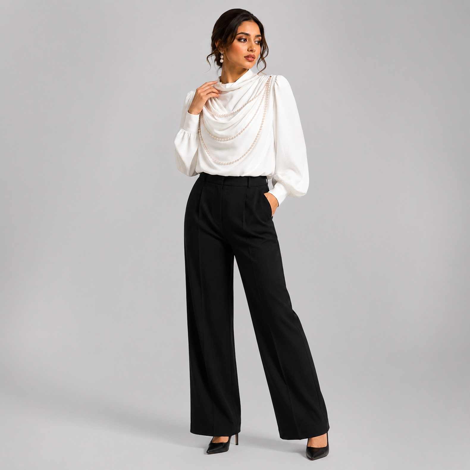 White Satin Draped Neck Top