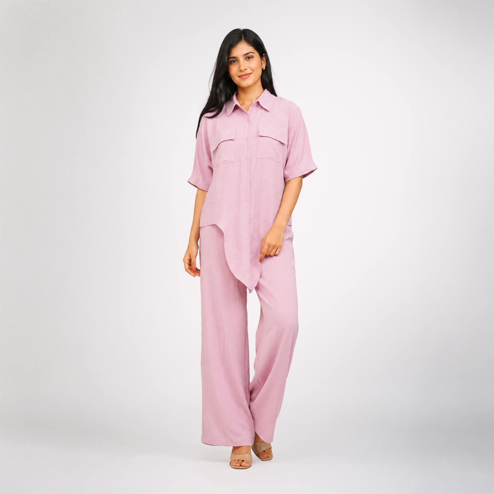 Women’s Soft Pink Casual Top & Wide-Leg Pants Co-Ord Set