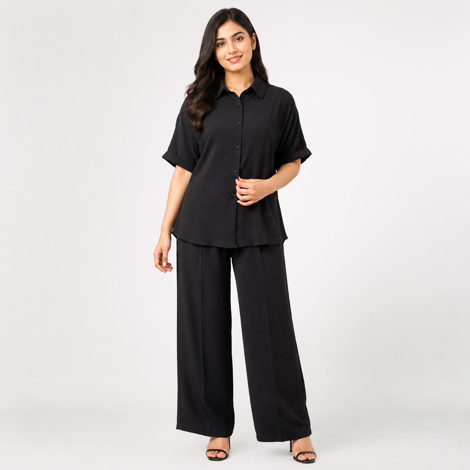 Black Shirt & Wide-Leg Pants Co-Ord Set