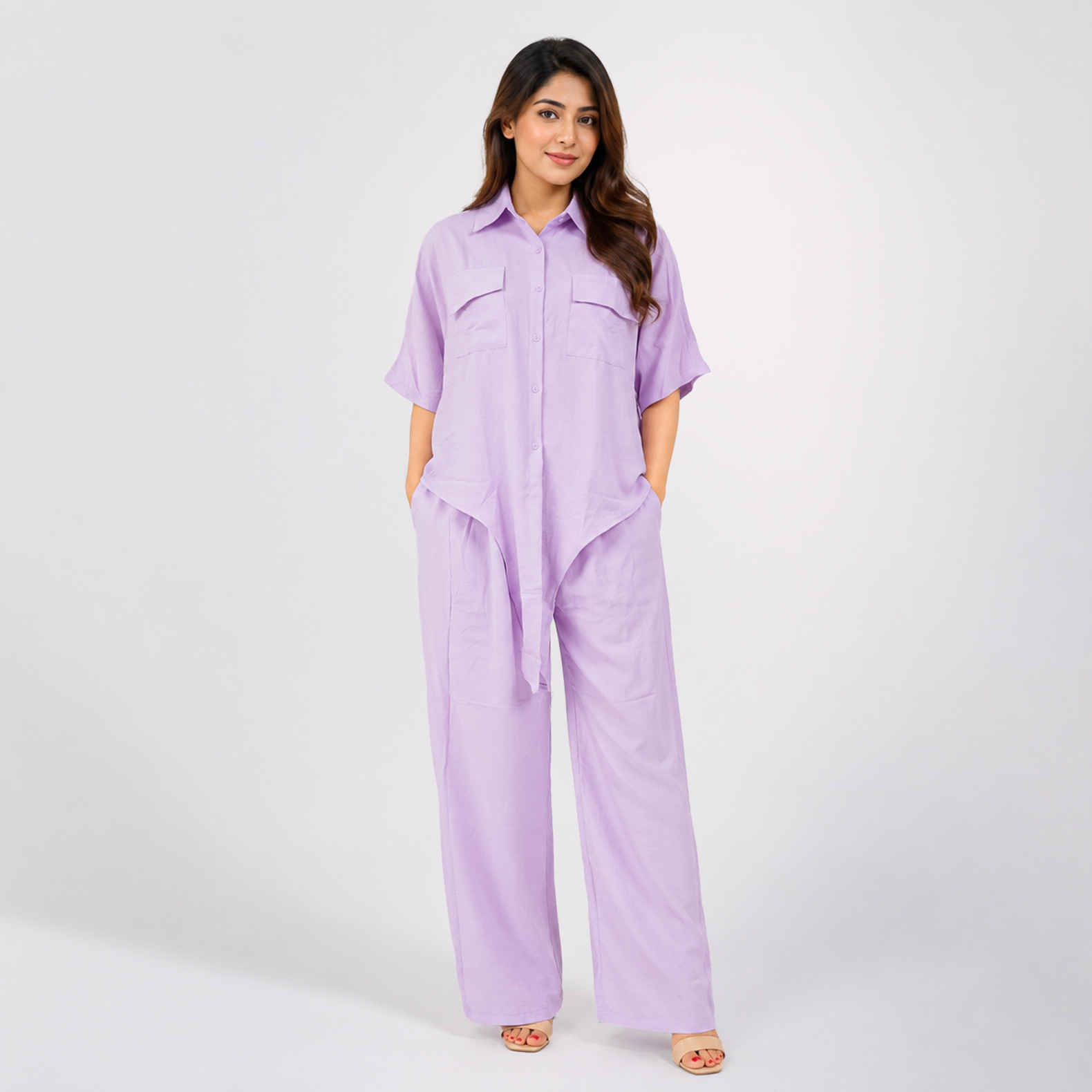 Lavender Shirt & Wide-Leg Pants Co-Ord Set