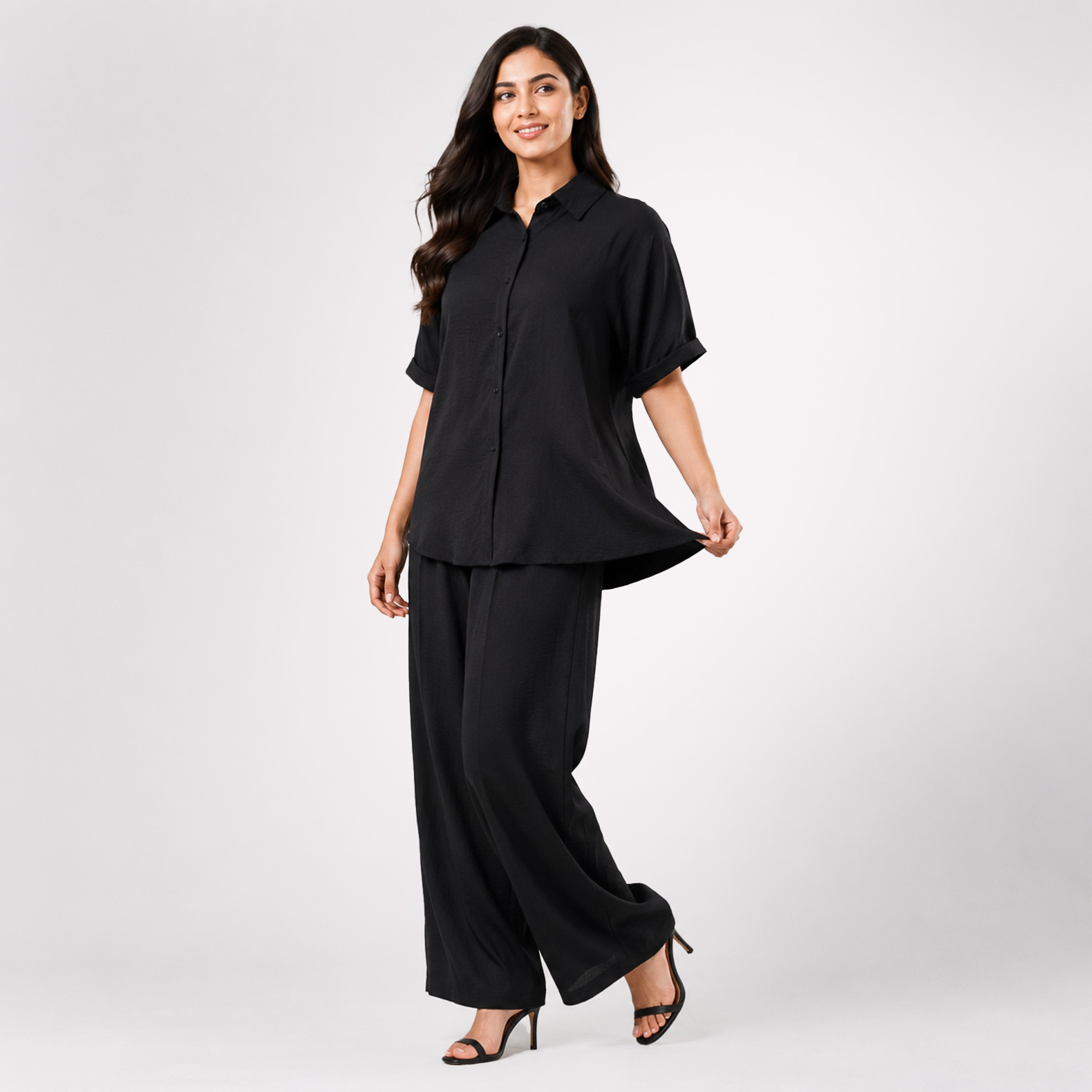 Black Shirt & Wide-Leg Pants Co-Ord Set