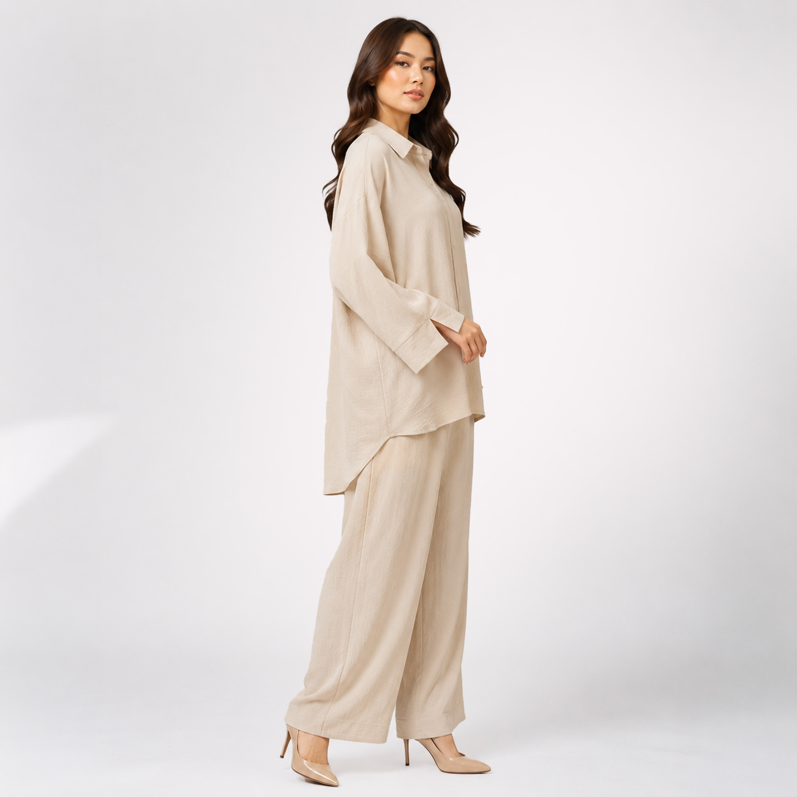 Beige Shirt & Wide-Leg Pants Co-Ord Set