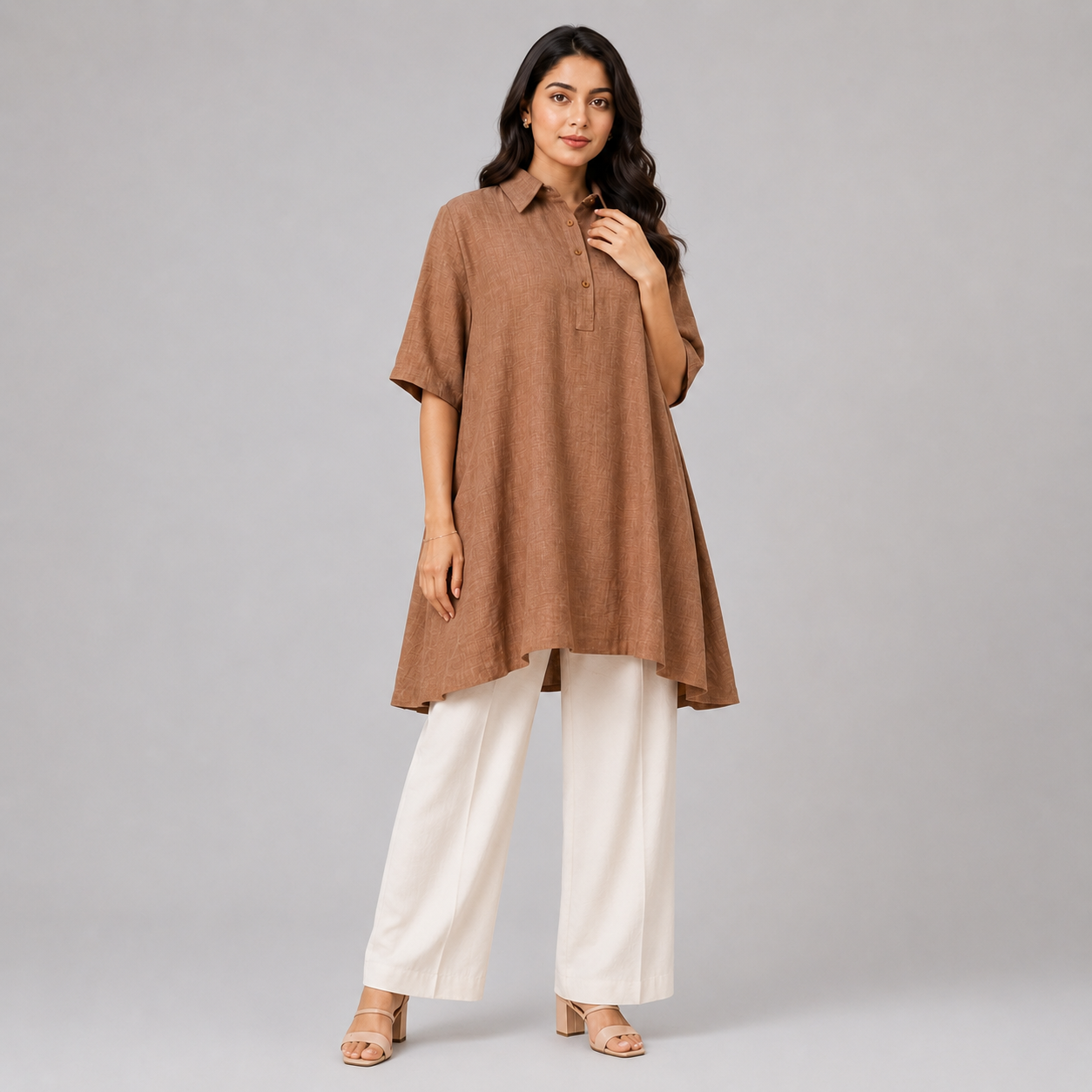 Sand Beige Solid High-Low Tunic