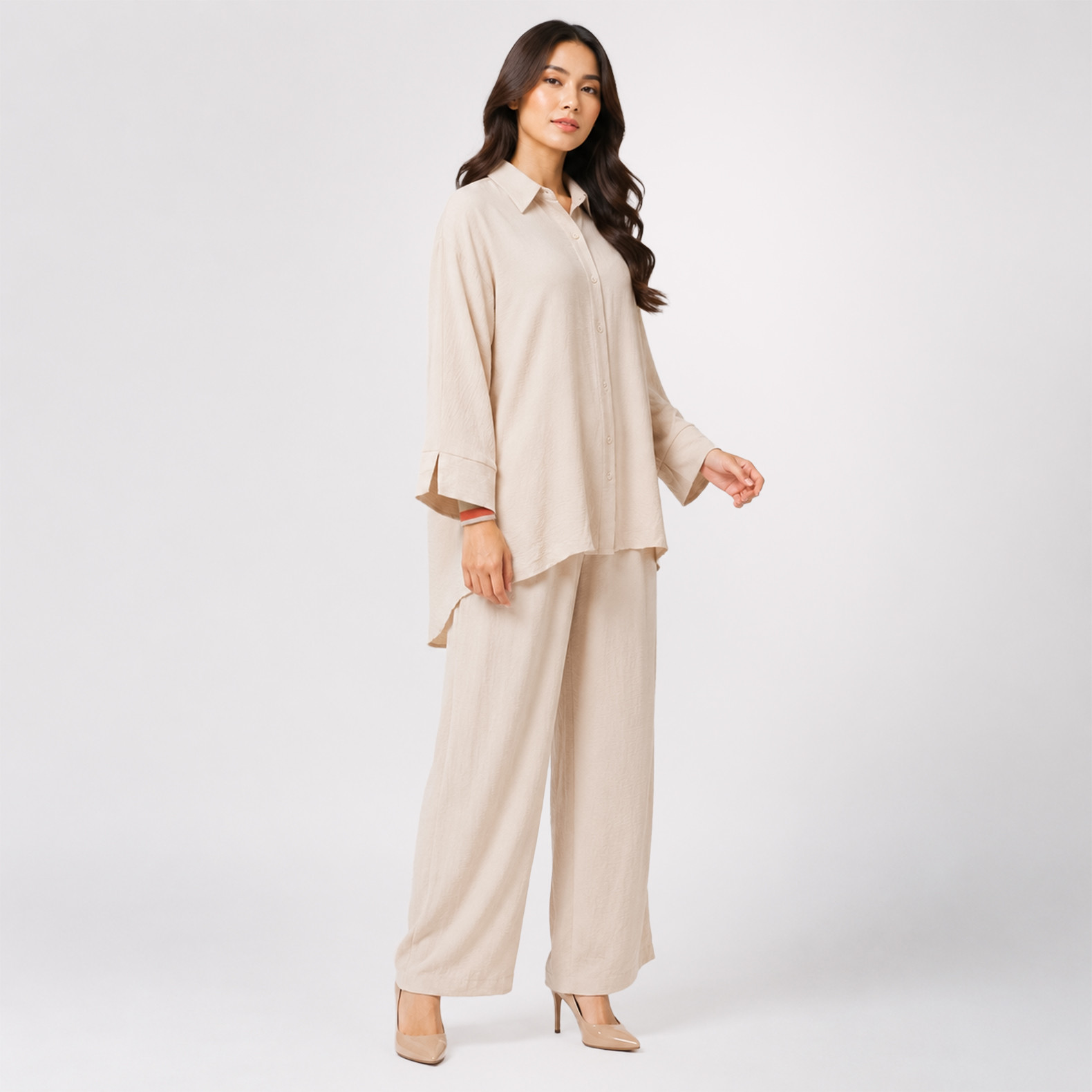 Beige Shirt & Wide-Leg Pants Co-Ord Set