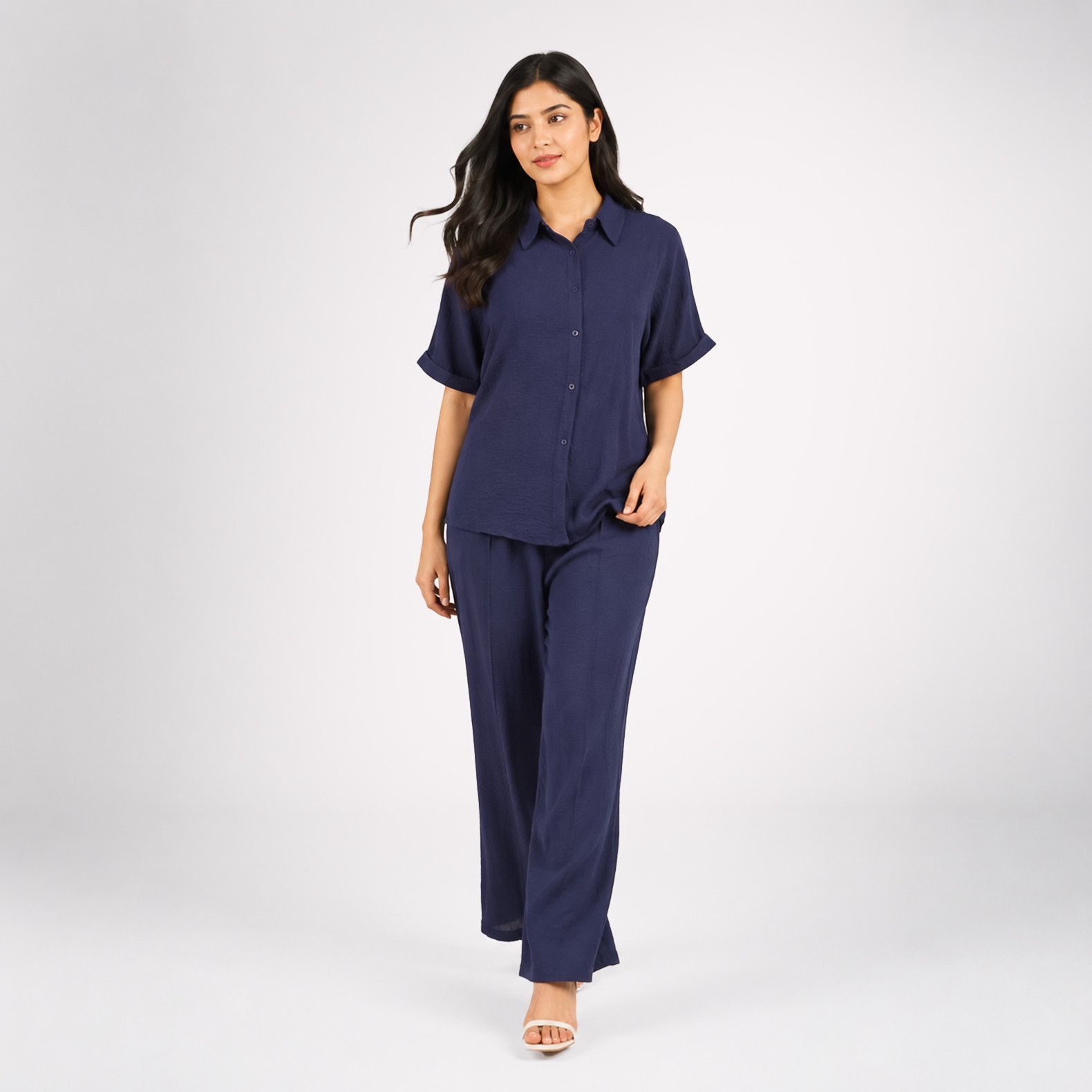 Women’s Navy Blue Shirt & Wide-Leg Pants Co-Ord Set