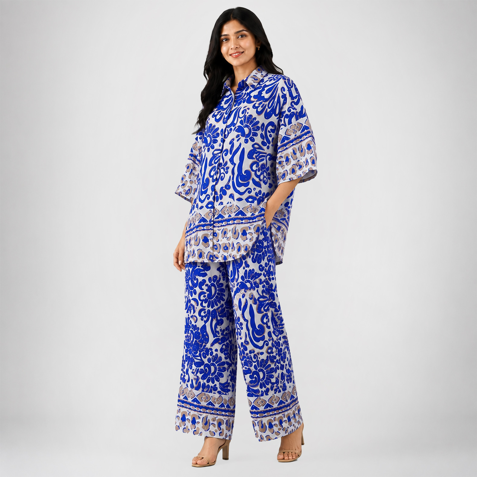 Women's Blue & Beige Printed Co-Ord Set