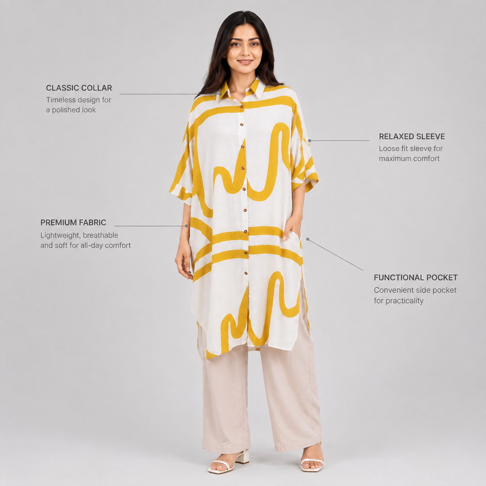 White & Mustard Abstract Summer Tunic for Women