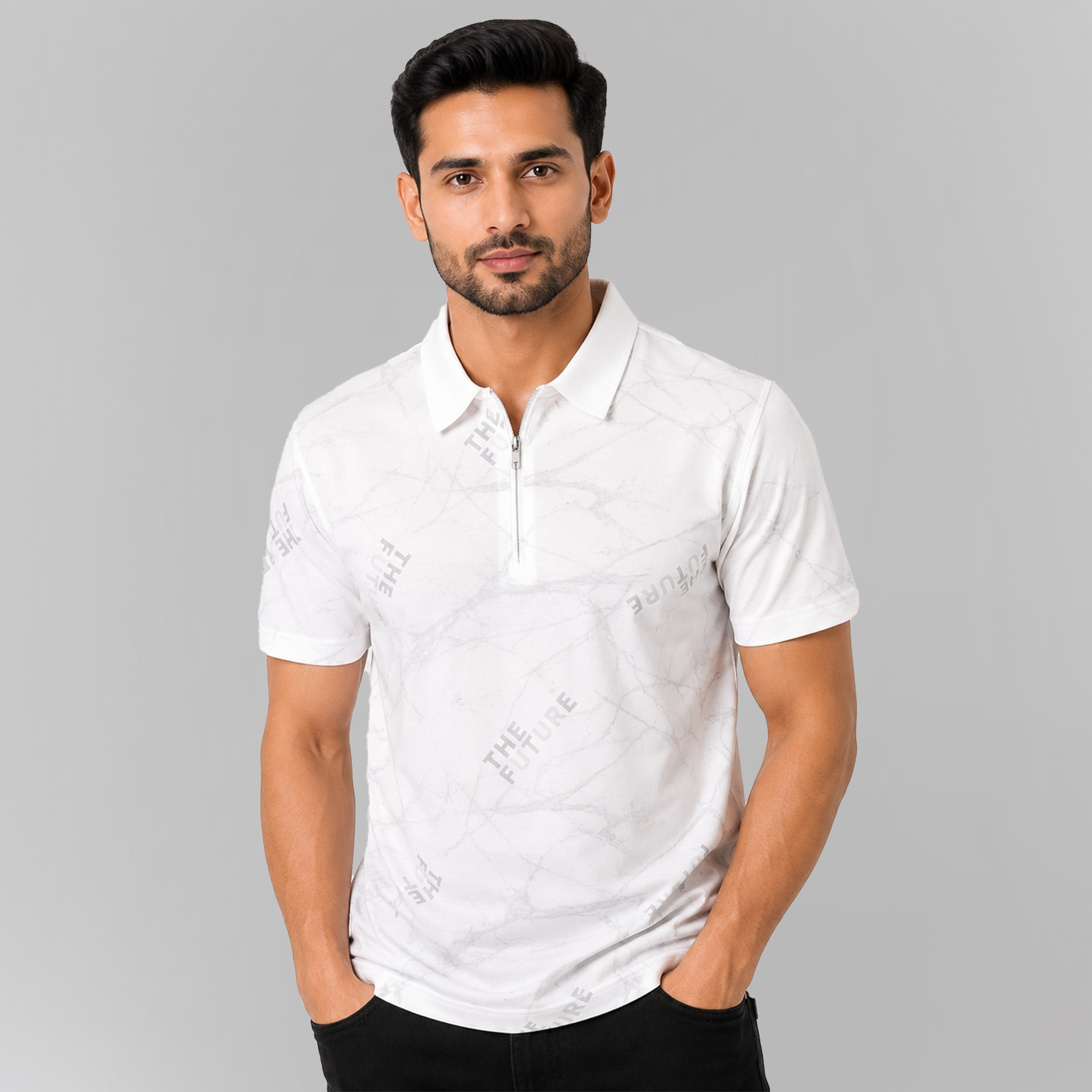 White Graphic Zip-Neck Men's Polo