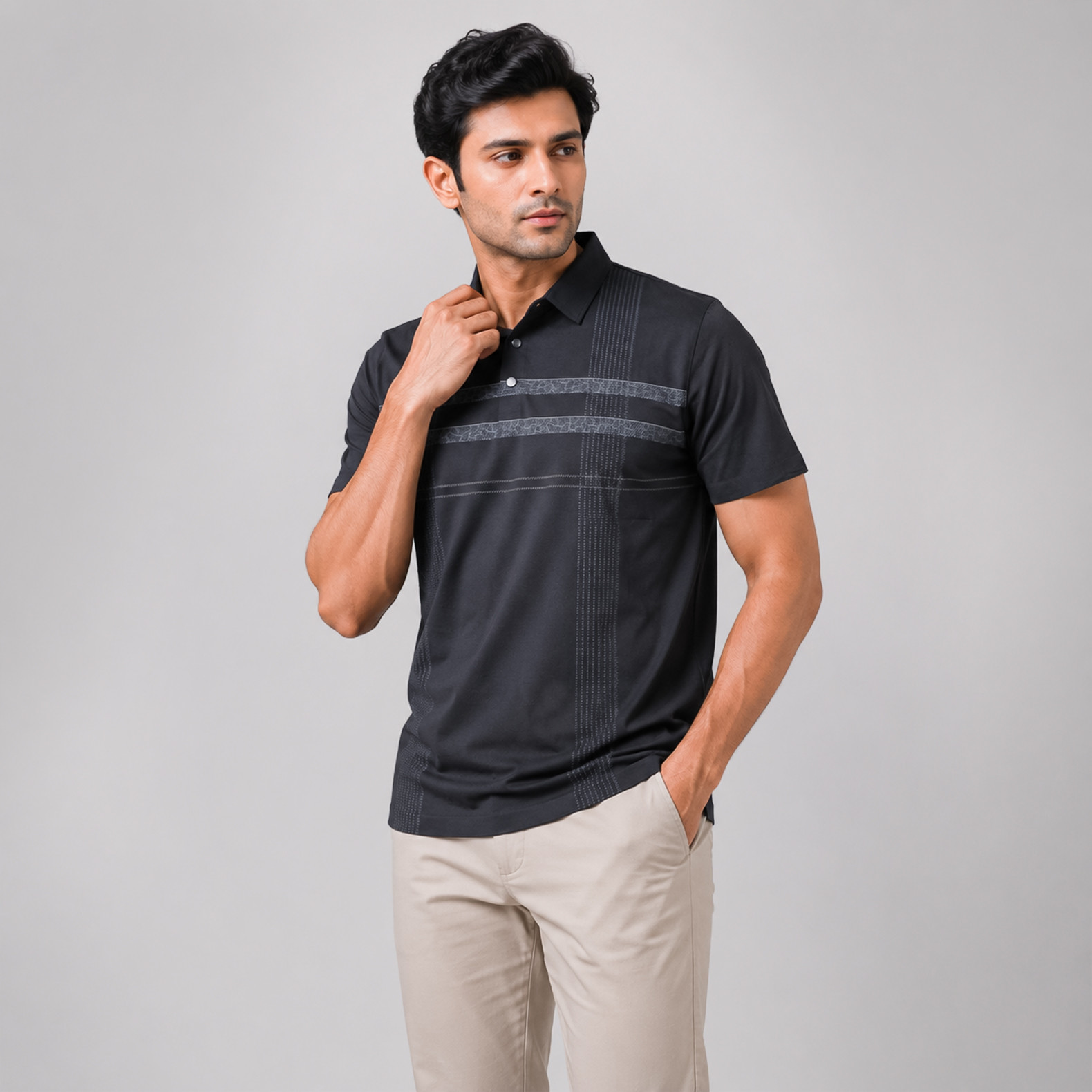 Black Contrast Stripe Polo T-Shirt for Men | Smart Casual Style