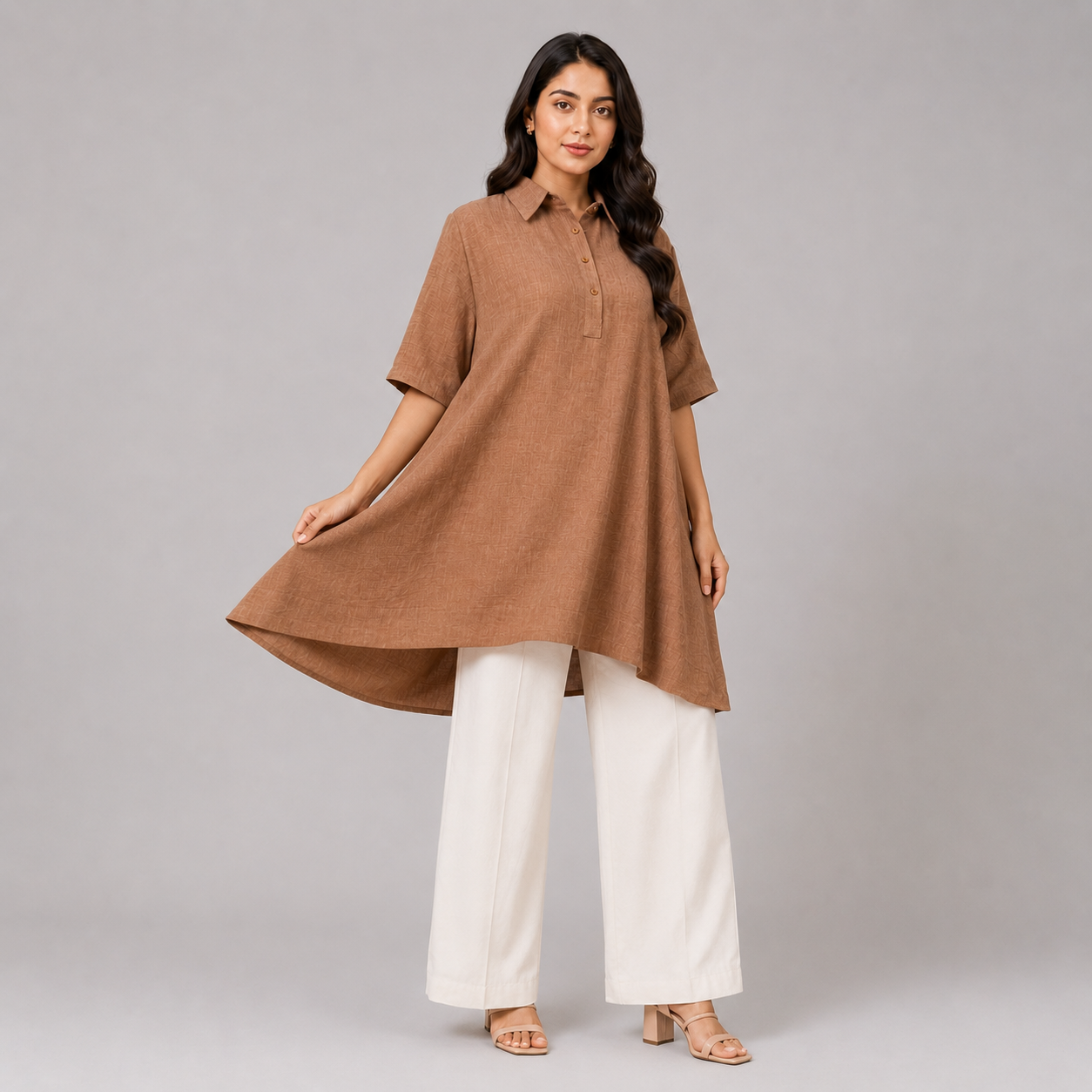 Sand Beige Solid High-Low Tunic