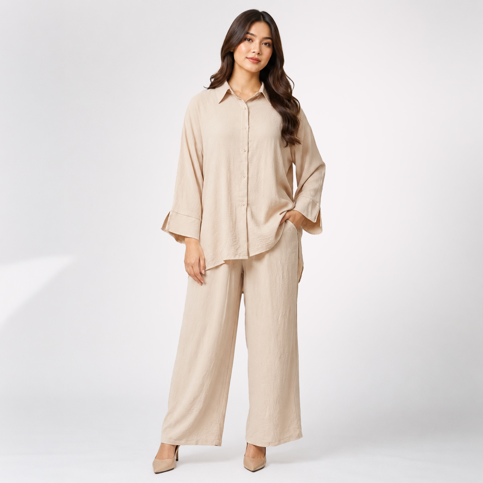 Beige Shirt & Wide-Leg Pants Co-Ord Set