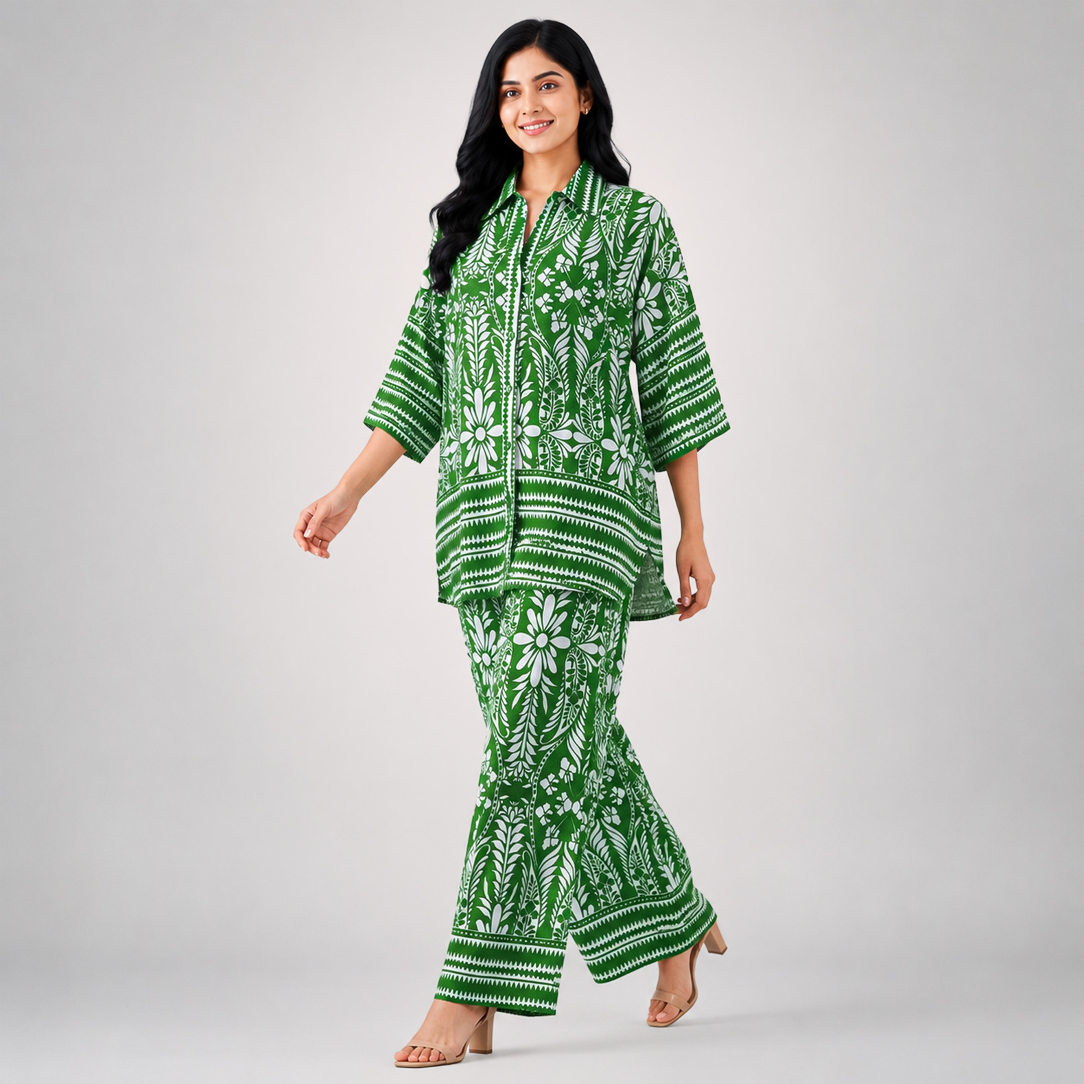 Women's Green & White Printed Co-Ord Set