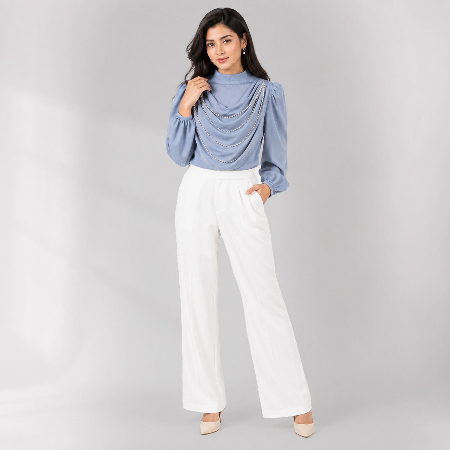 Elegant Blue Draped Neck Embellished Long Sleeve Top Elegant Blue Draped Neck Embellished Long Sleeve Top Elegant Blue Draped Neck Embellished Long Sleeve Top Elegant Blue Draped Neck Embellished Long