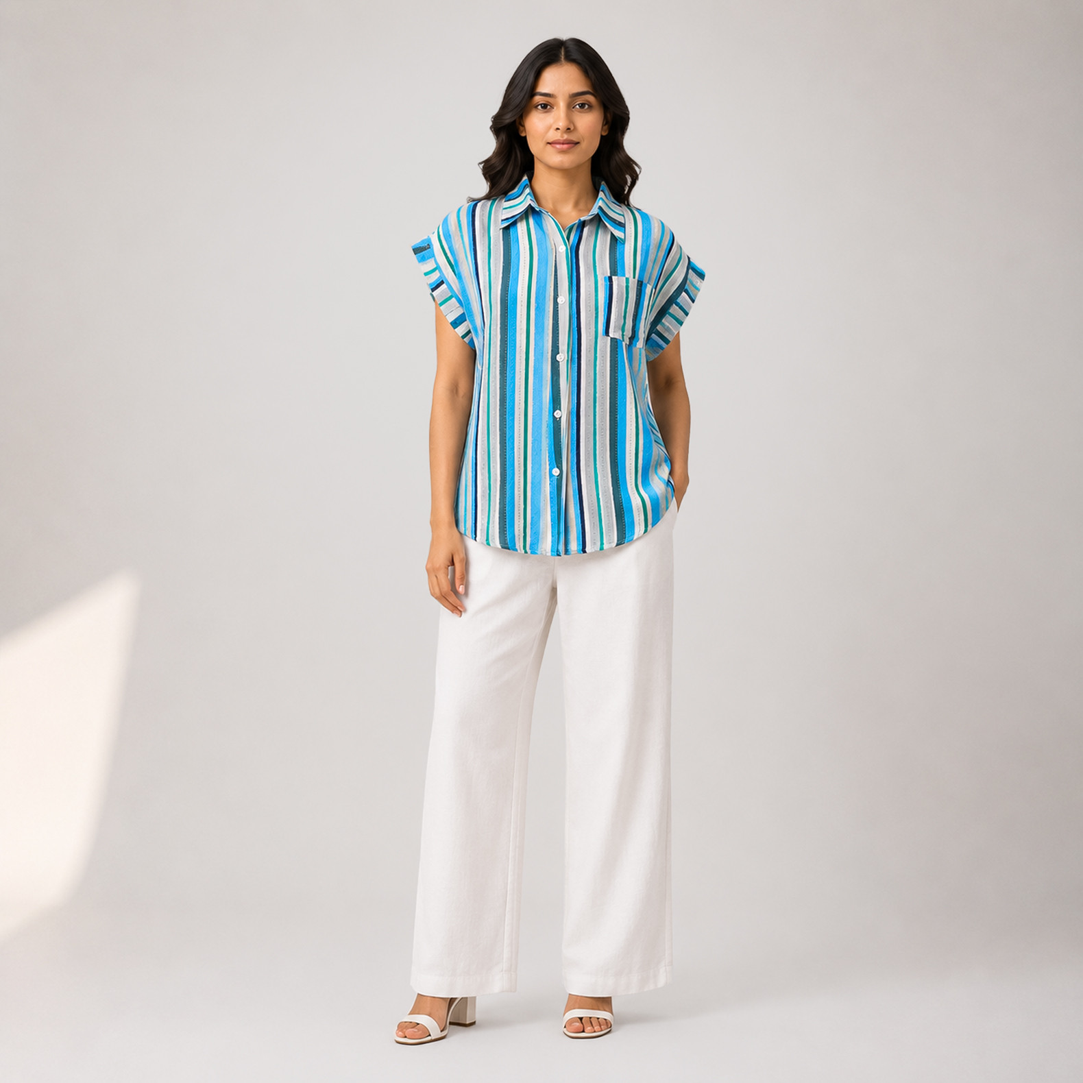 Blue Striped Relaxed Summer Shirt for Women
