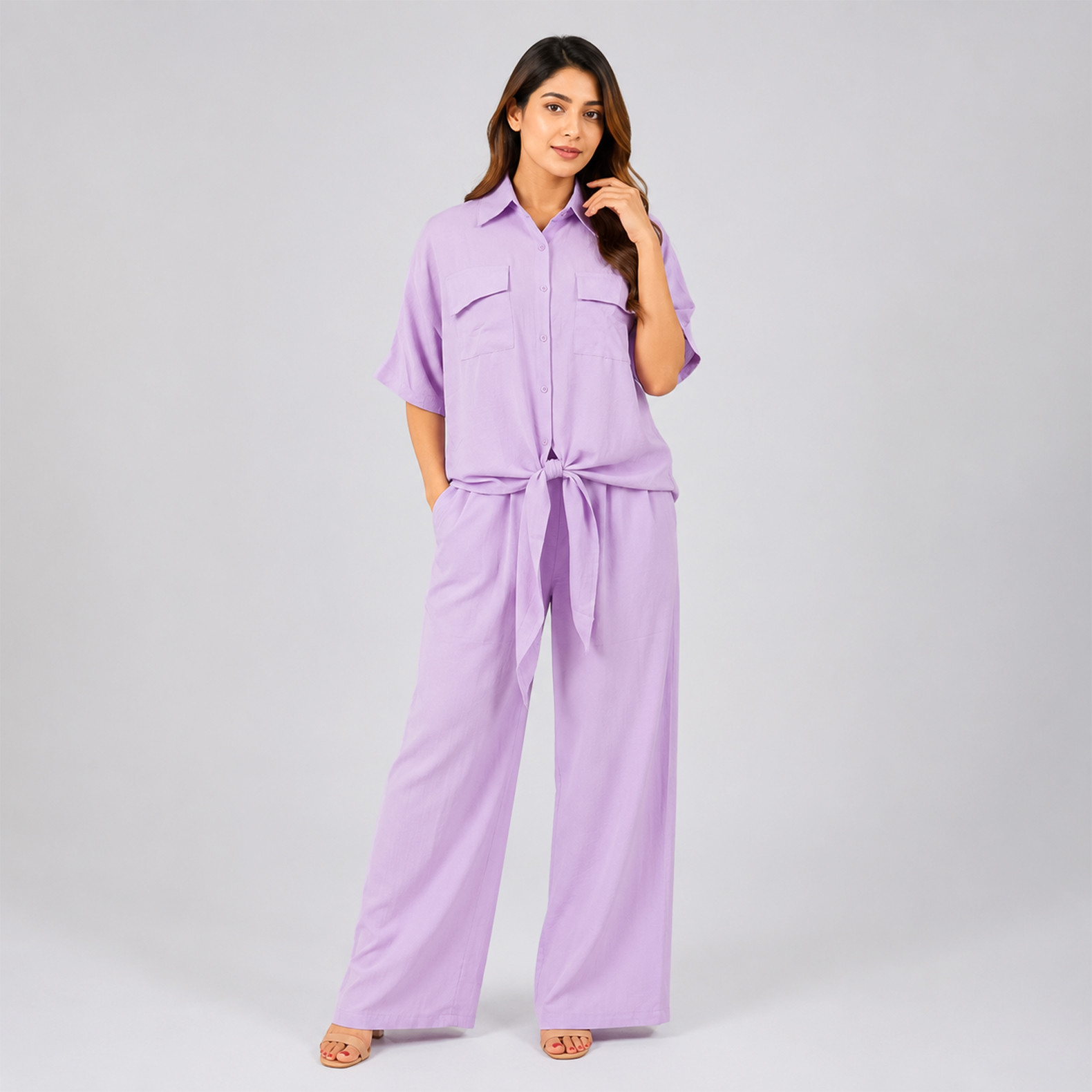 Lavender Shirt & Wide-Leg Pants Co-Ord Set