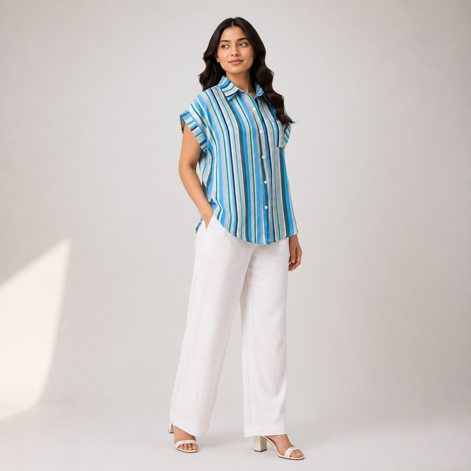 Blue Striped Relaxed Summer Shirt for Women