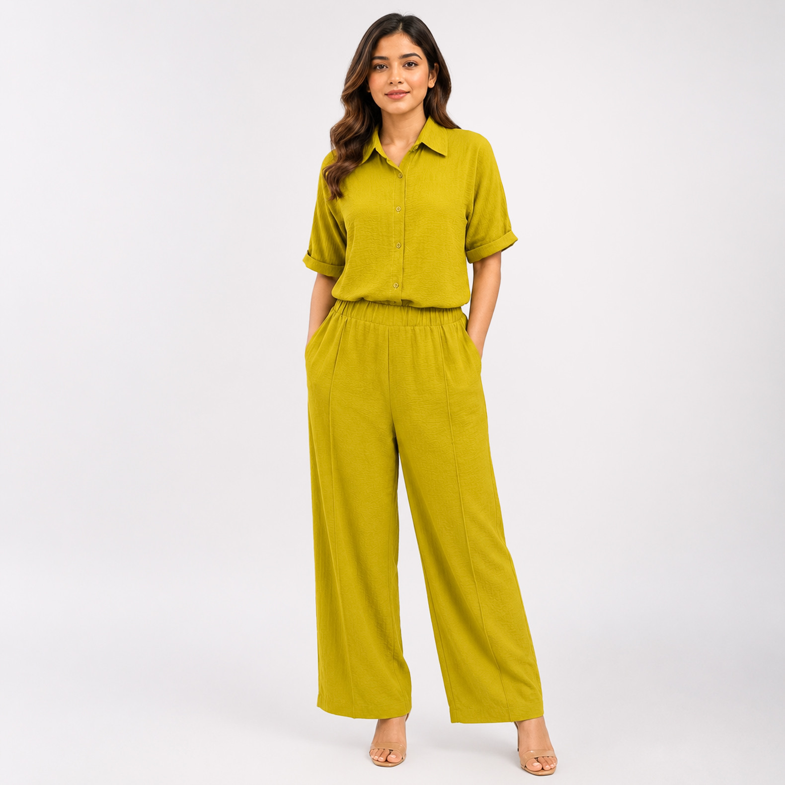 Mustard Yellow Shirt & Wide-Leg Pants Co-Ord Set | Stylish Two-Piece Outfit