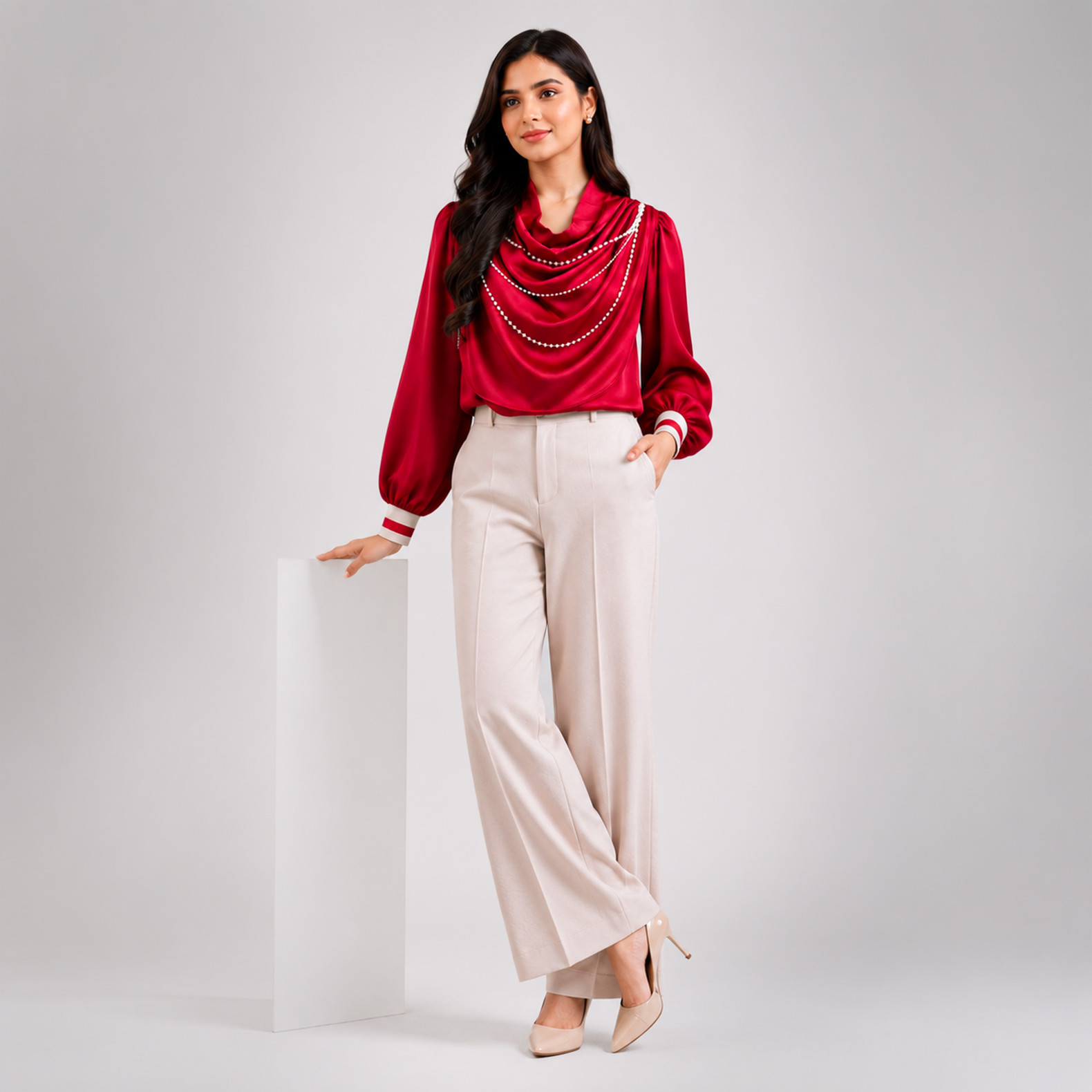 Red Satin Draped Neck Top