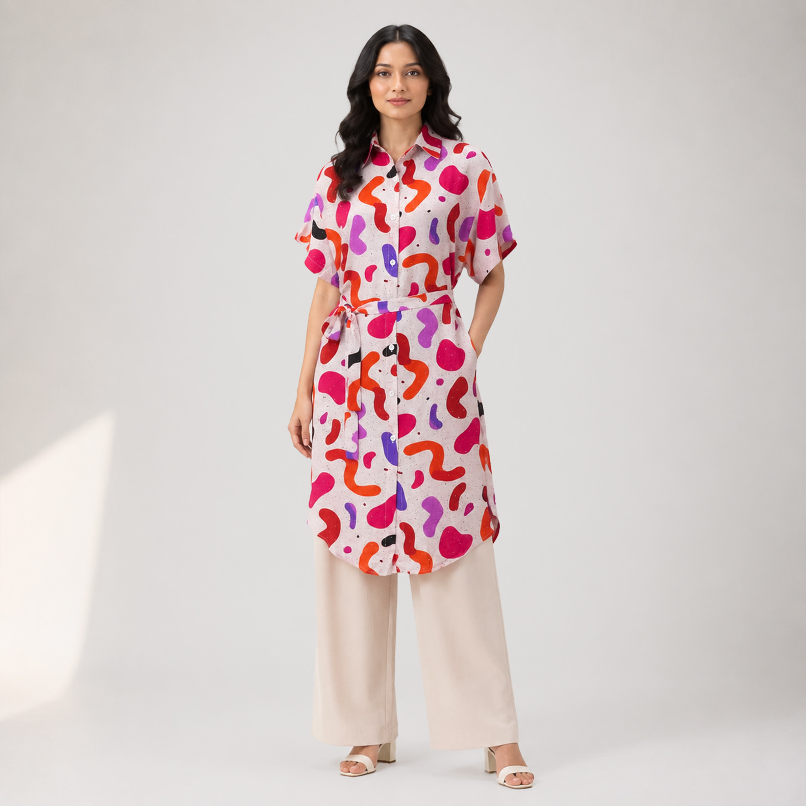 Vibrant Abstract Print Belted Shirt Dress