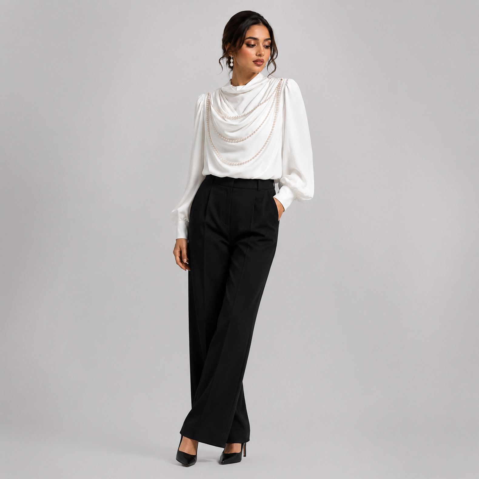 White Satin Draped Neck Top